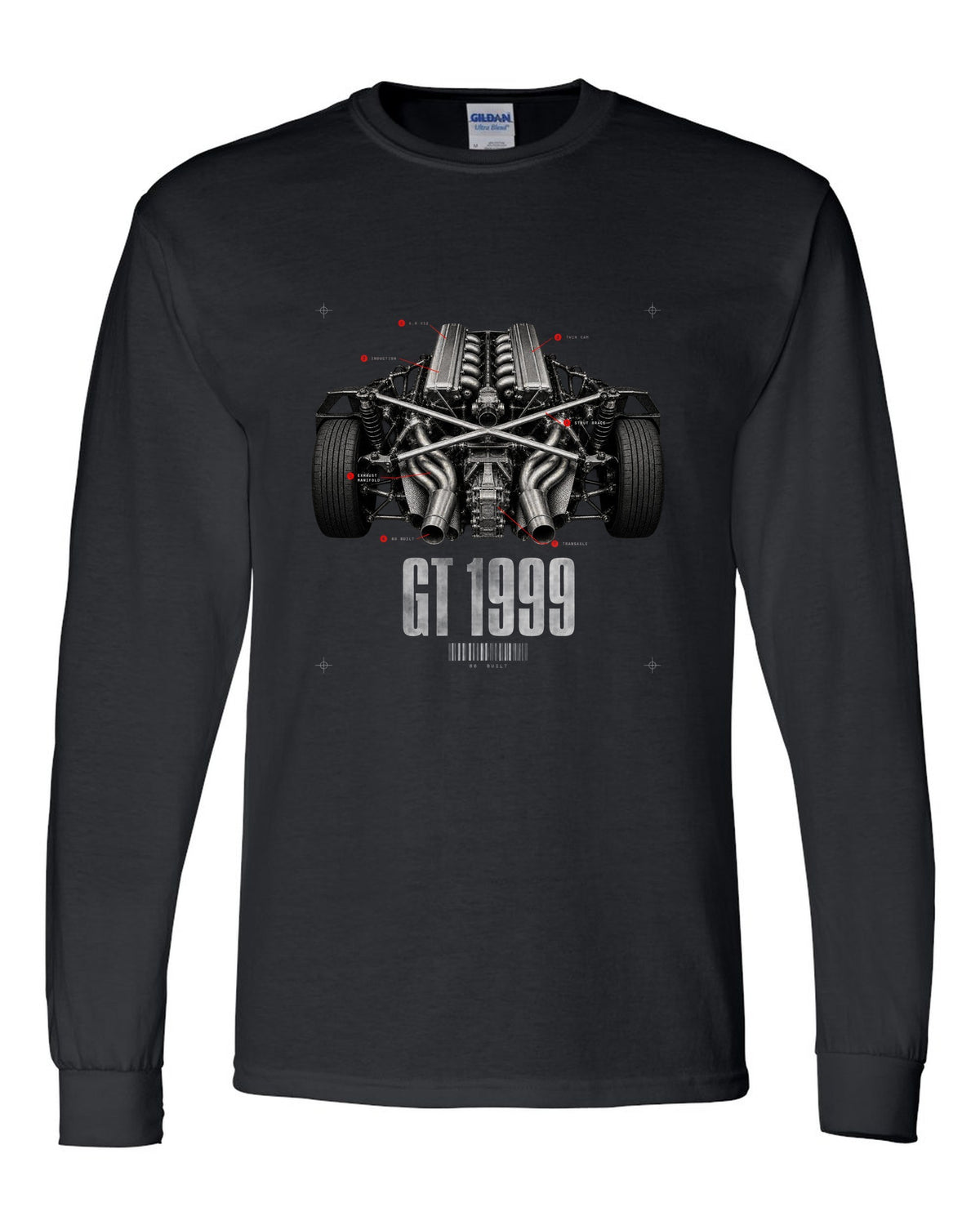 Engine hero print of a Lamborghini Diablo GT 6.0 V12 with 80 built text black long sleeve front view with the design