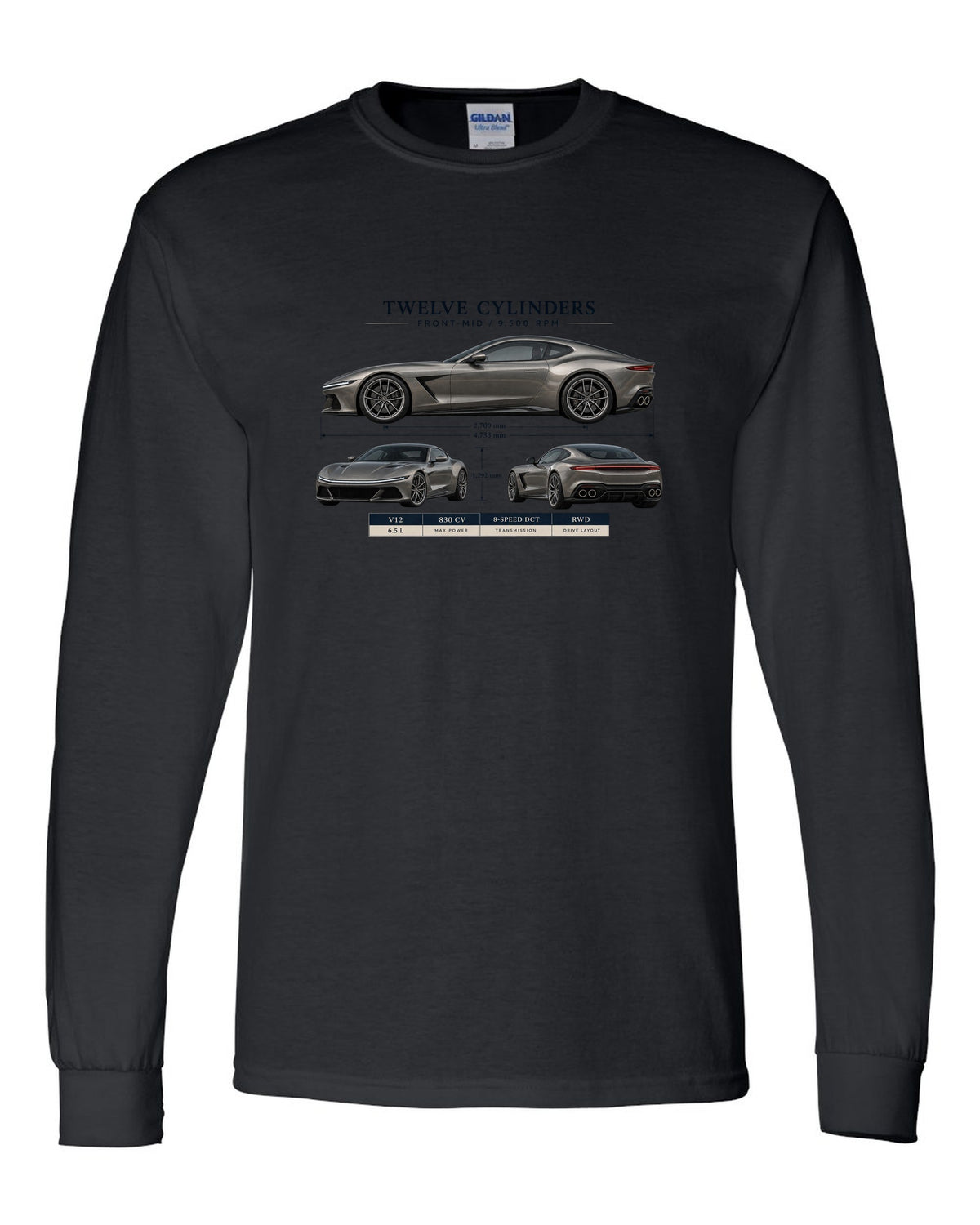 Three-view spec sheet print of the Ferrari 12Cilindri on a tee black long sleeve front view with the design