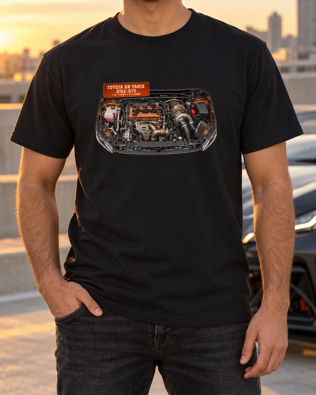GR Yaris G16E-GTS Engine Bay Tee, Three Cylinders One Turbo T-Shirt Black worn hero