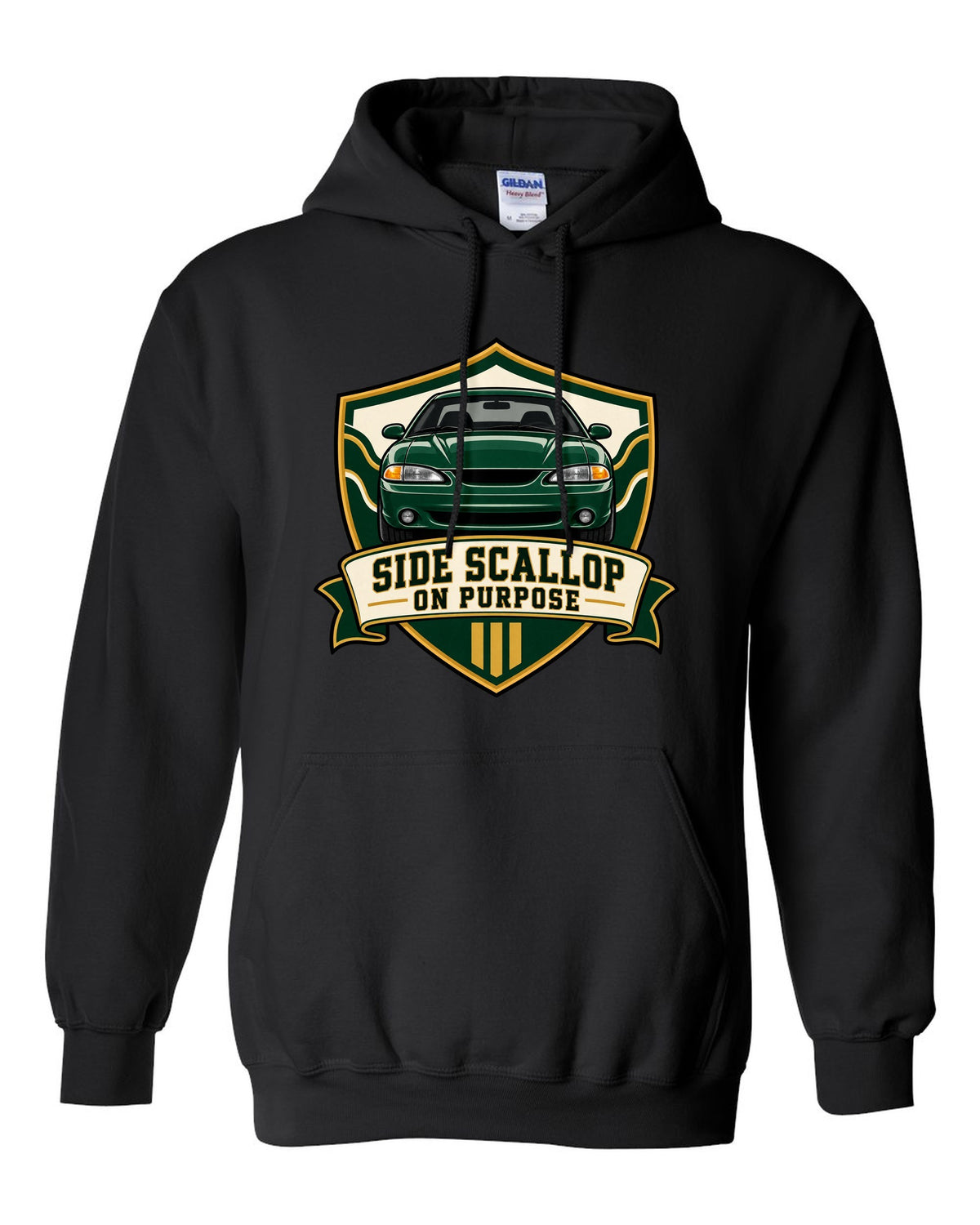 SN95 Mustang 1994-98 Varsity Crest black pull over hoodie front view with the design
