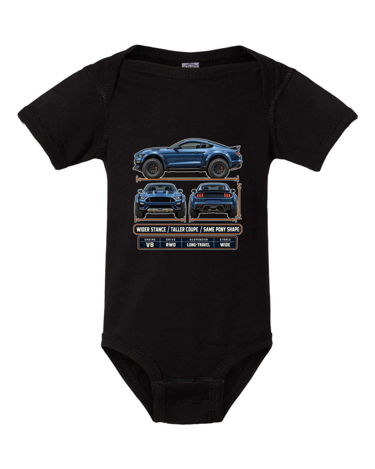 print of a Mustang Raptor concept three-view drawing with spec table and pony shape text black baby onesie front view with the design