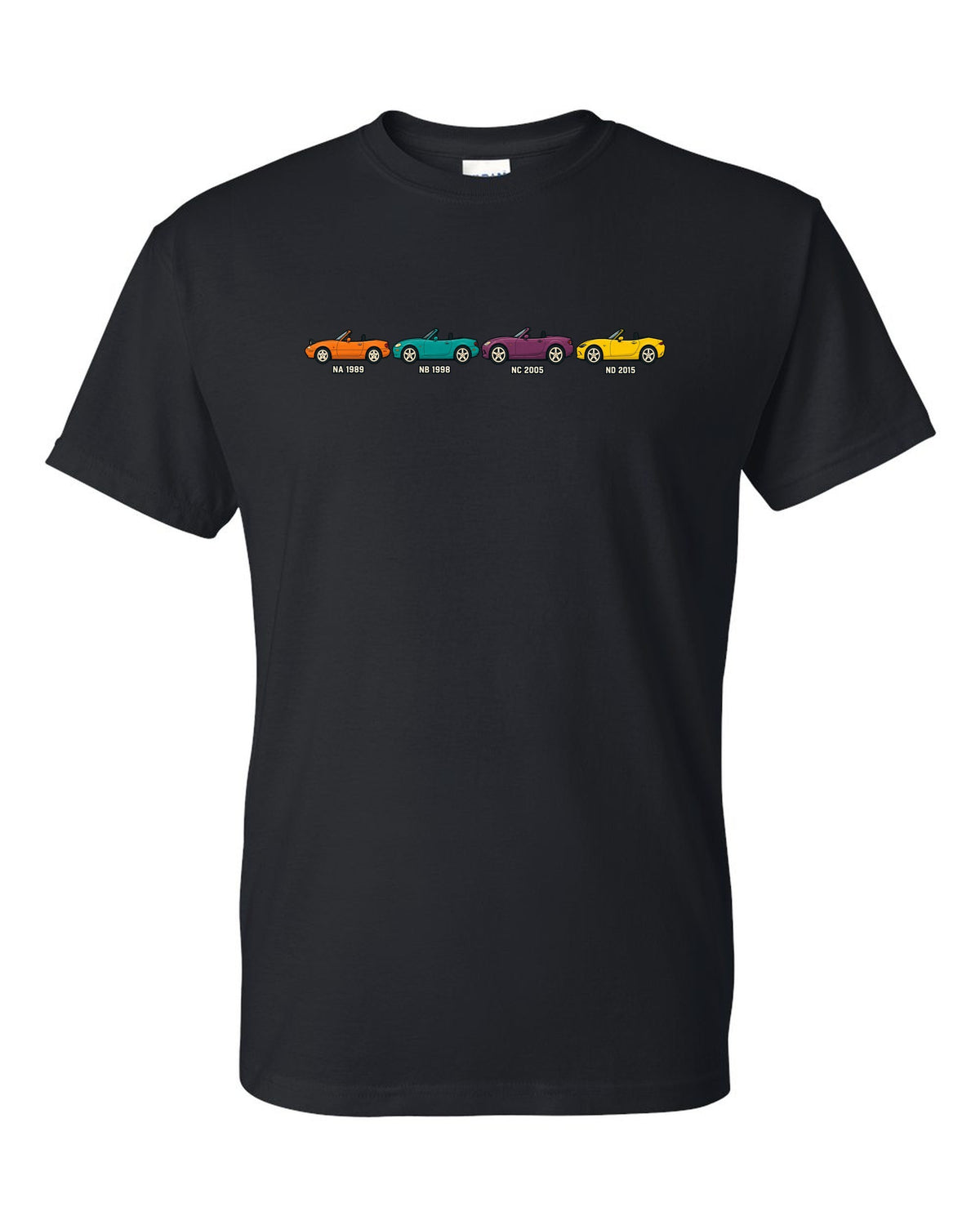 Ukiyo-e woodblock print of a Mazda MX-5 NA roadster taking a hairpin corner black t-shirt front view with the design