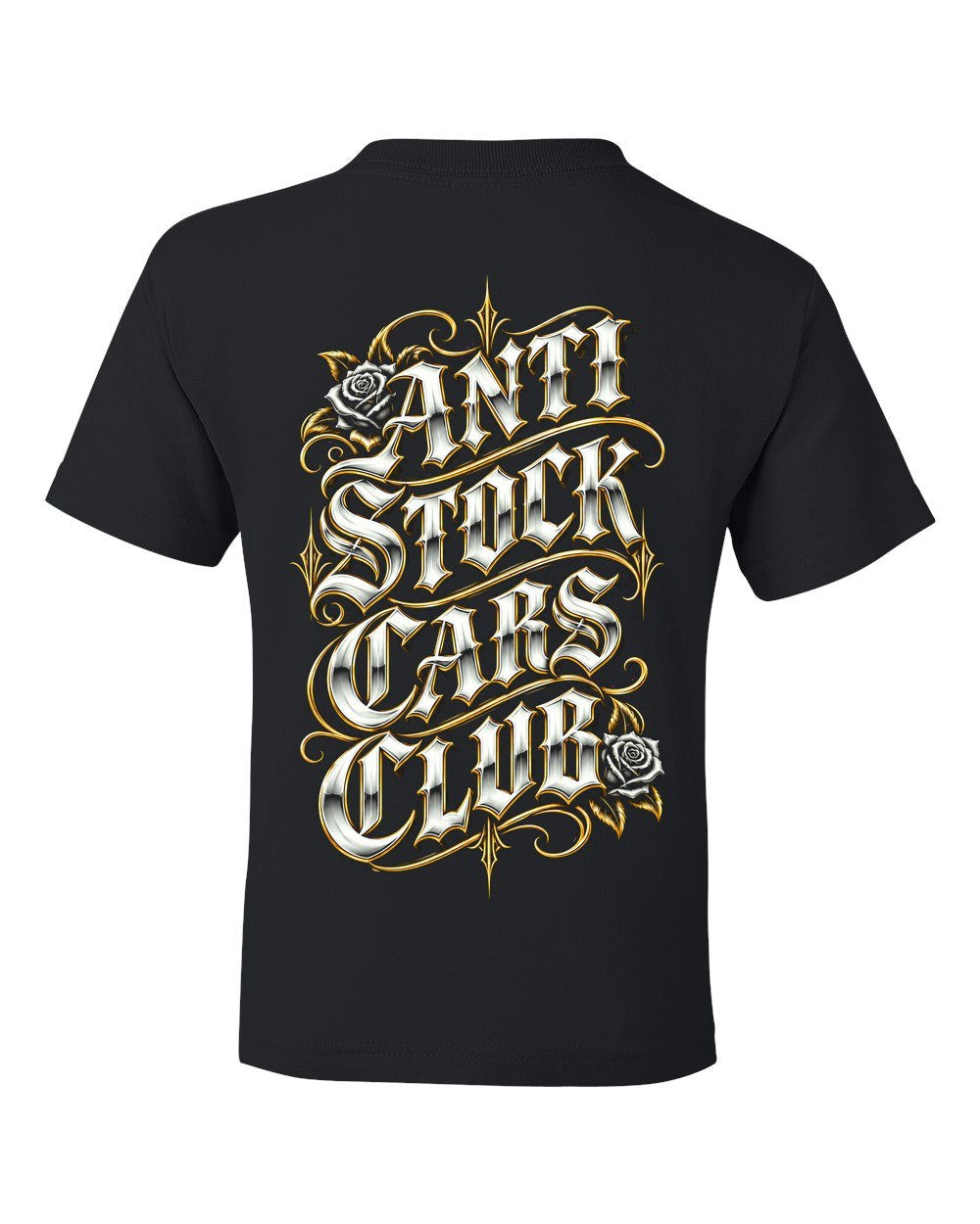 Anti Stock Cars Club Lowrider Script Kids Tee Black back