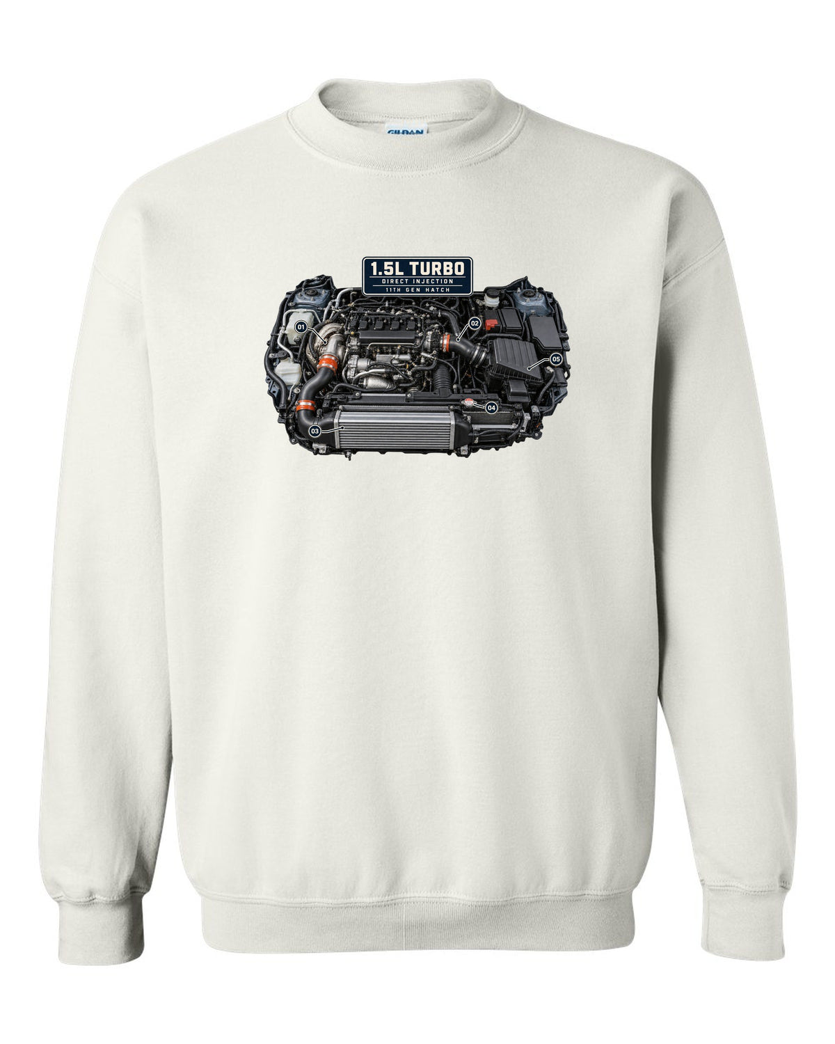 Honda Civic chback FL1 1.5L turbo engine bay print white crewneck front view with the design