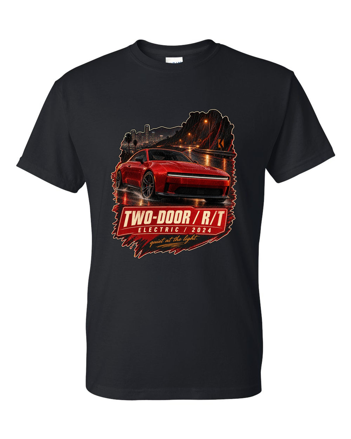 print of a 2024 Dodge Charger Daytona R/T on a night street black t-shirt front view with the design