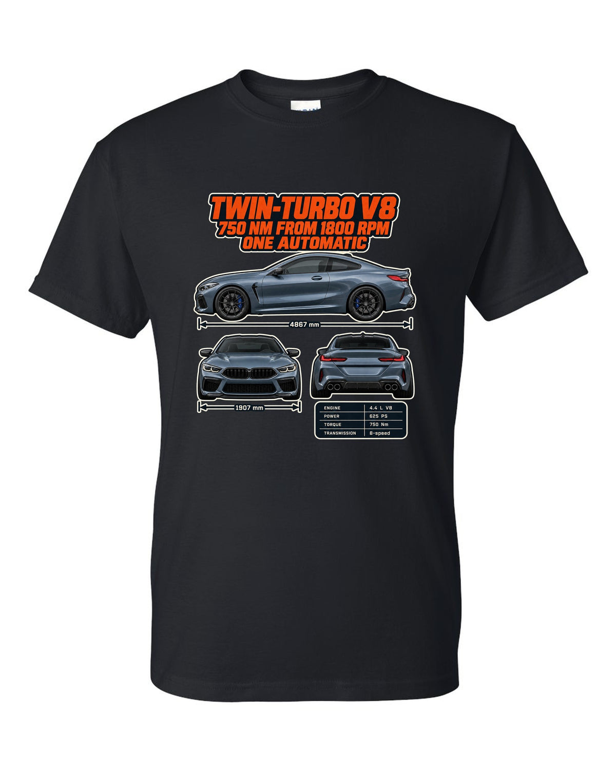 BMW M8 Competition Coupe F92 three-view and spec table print on a tee black t-shirt front view with the design