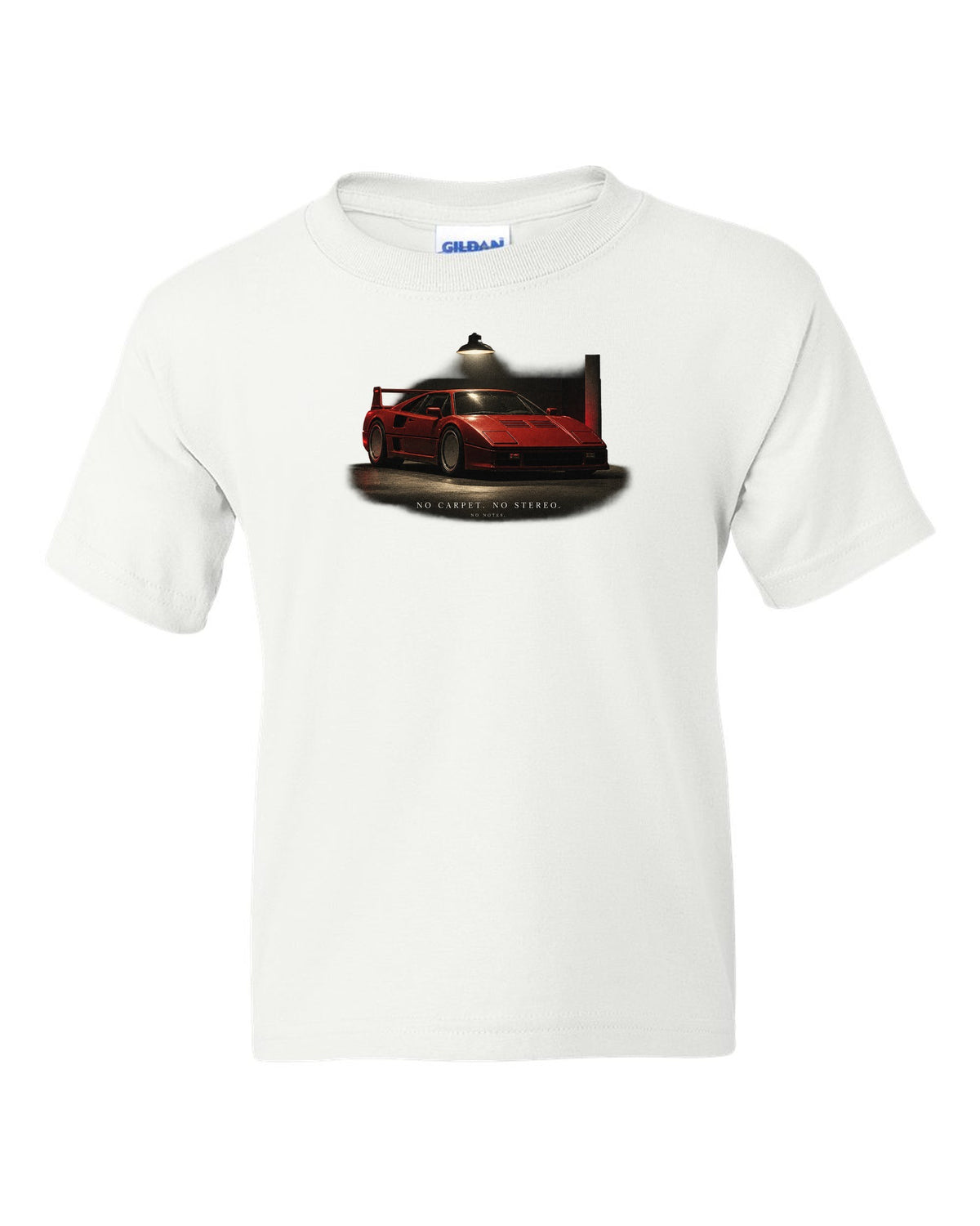 Ferrari F40 1987 front three-quarter at night, print: no carpet, no stereo, no notes white kids tee front view with the design