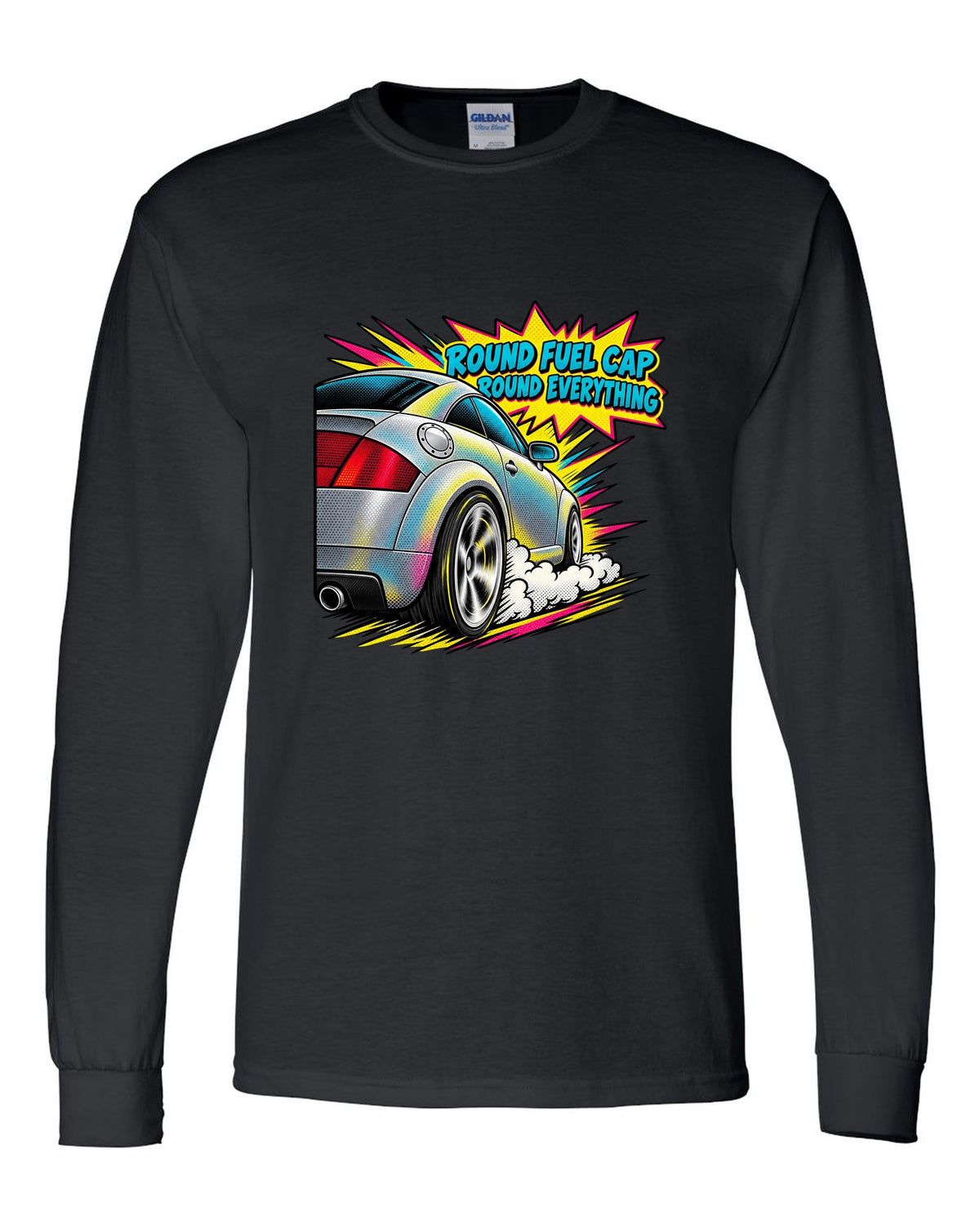 Comic halftone pop-art print of an Audi TT 8N with Round Fuel Cap text black long sleeve front view with the design