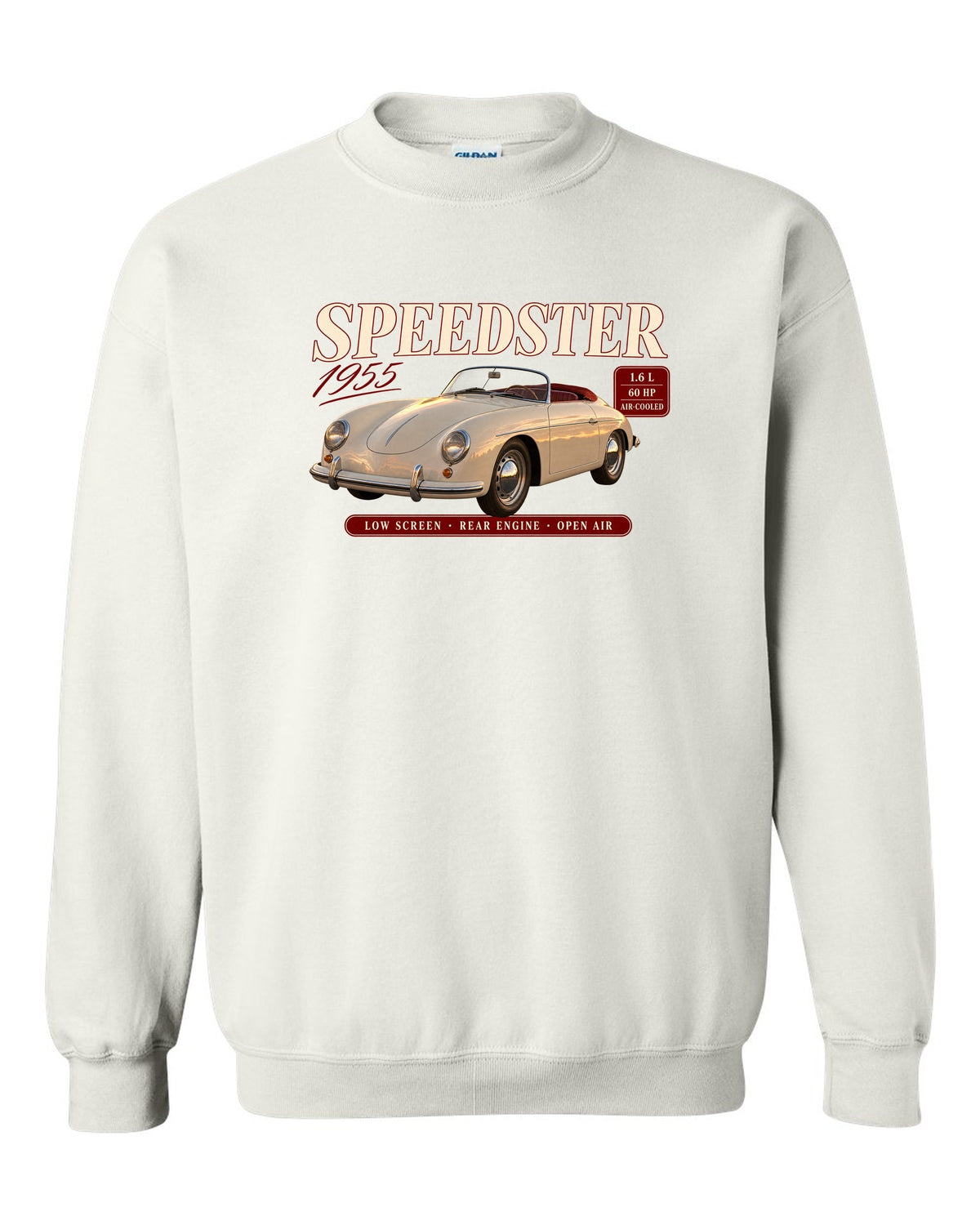 Archive spec panel print for the 1955 Porsche 356 Speedster with low screen and air-cooled specs white crewneck front view with the design
