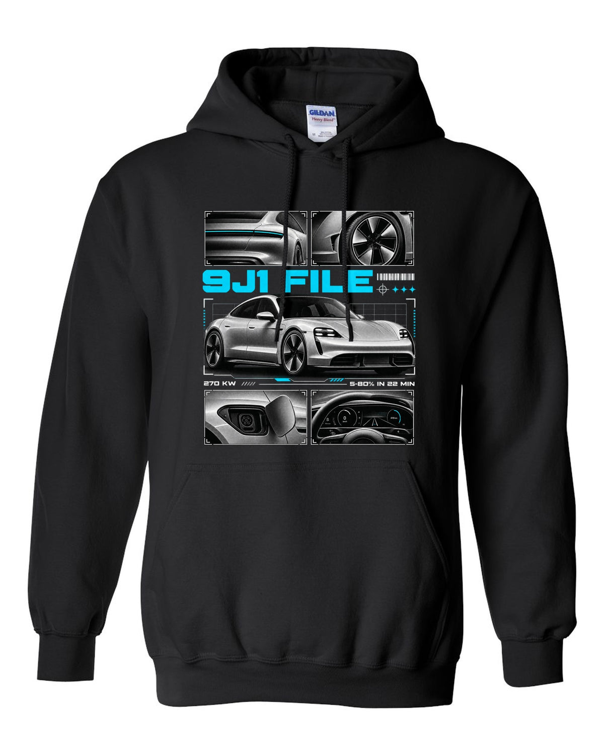 Porsche Taycan Turbo S 9J1 dossier panel design with charging figures black pull over hoodie front view with the design