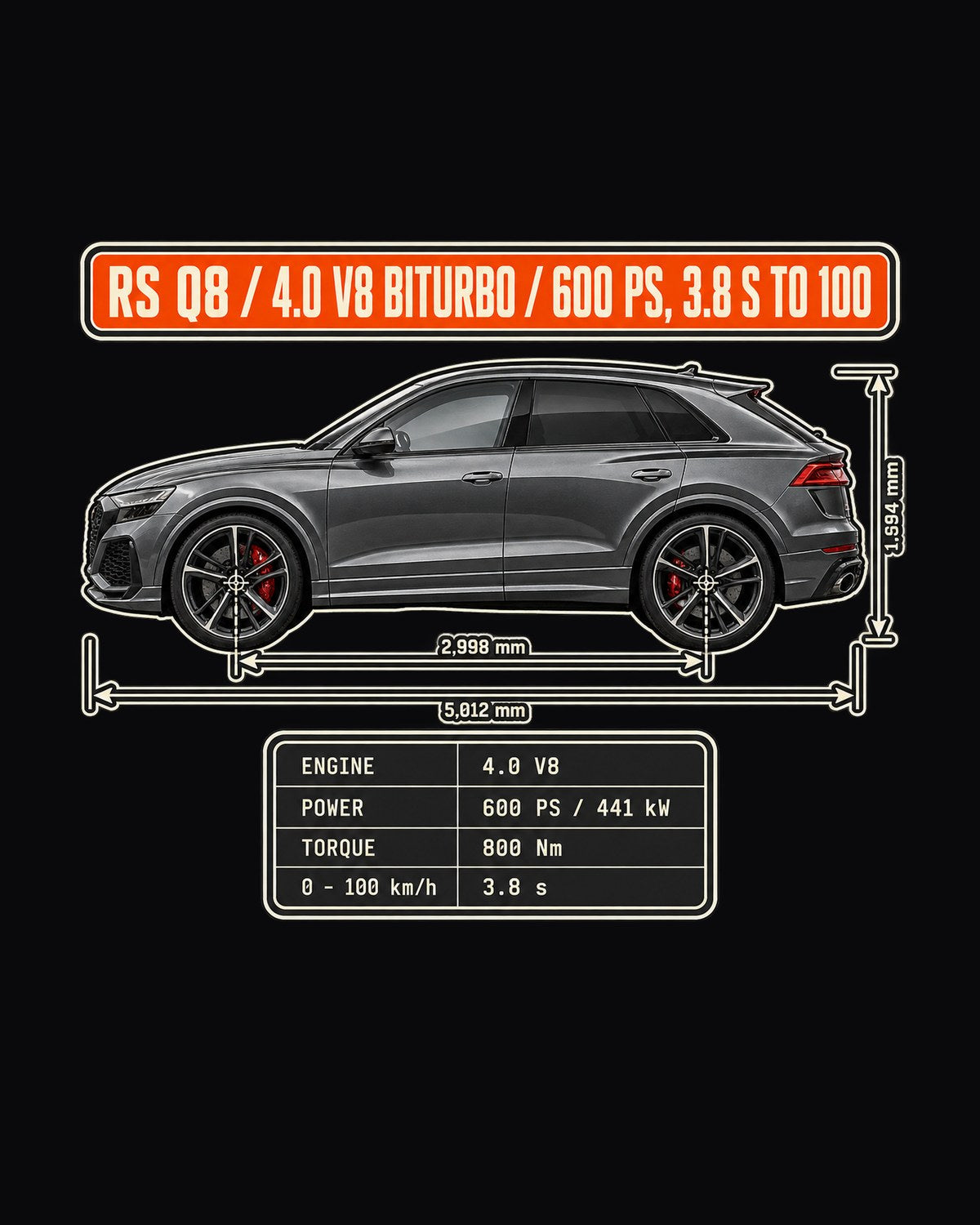Audi RS Q8 Blueprint Graphic Tee, 4.0 V8 Biturbo Car Shirt design only