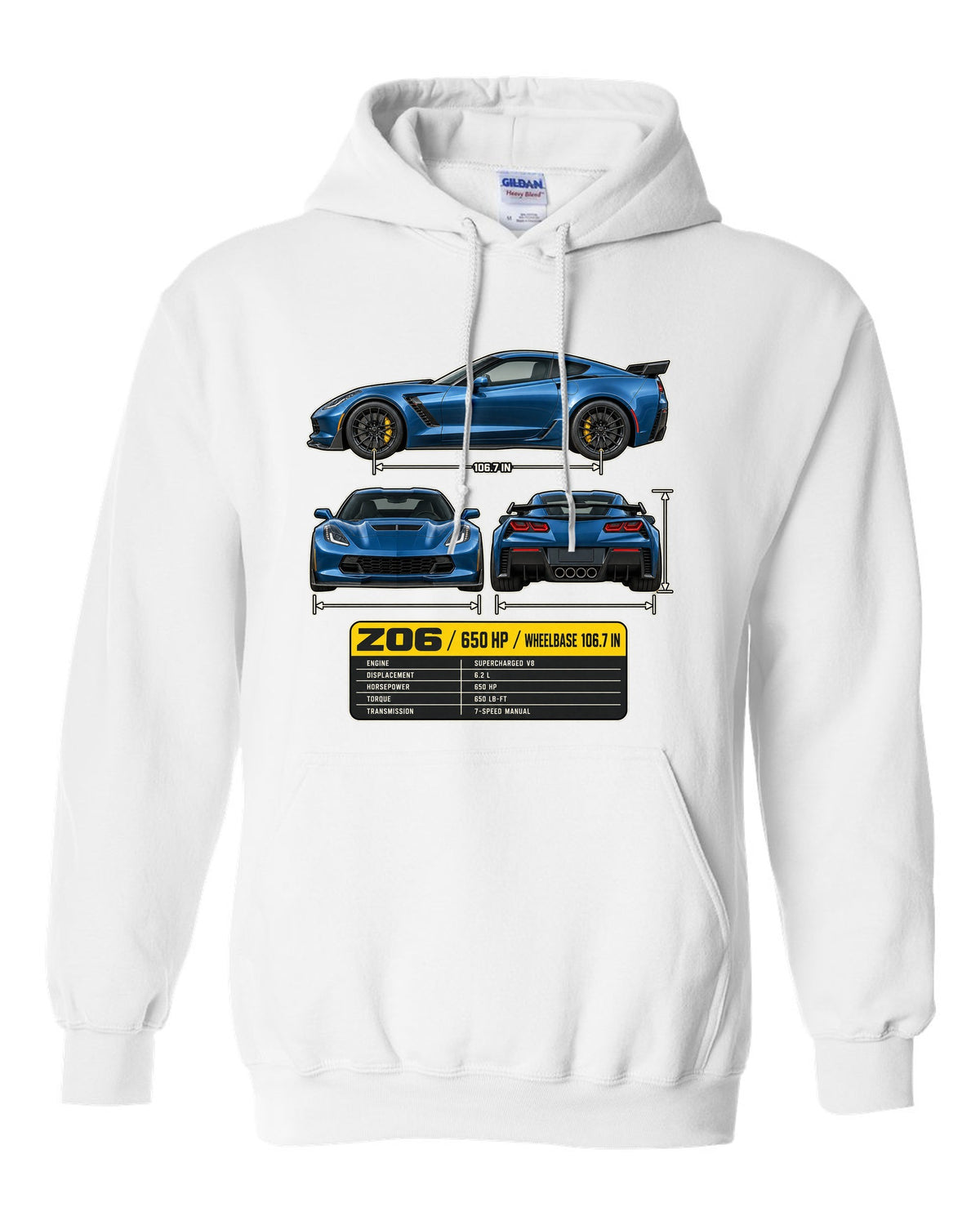 print of a Chevrolet Corvette C7 Z06 three-view drawing with a spec table white pull over hoodie front view with the design