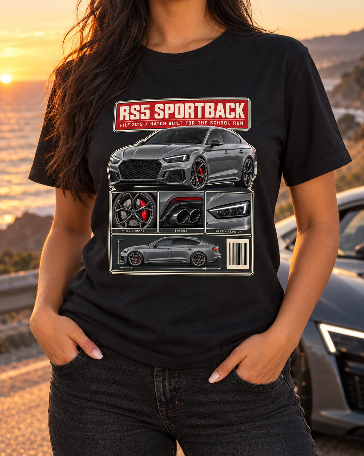 Audi RS5 Sportback B9 Dossier Shirt, Hatchback Car Enthusiast Tee T-Shirt Black worn hero