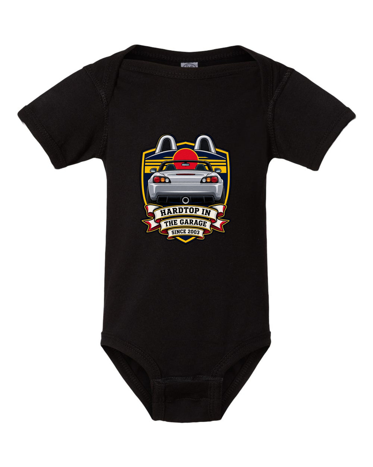 Embroidery patch style print of a 1999 Honda S2000 AP1 roadster with hardtop in the garage text black baby onesie front view with the design