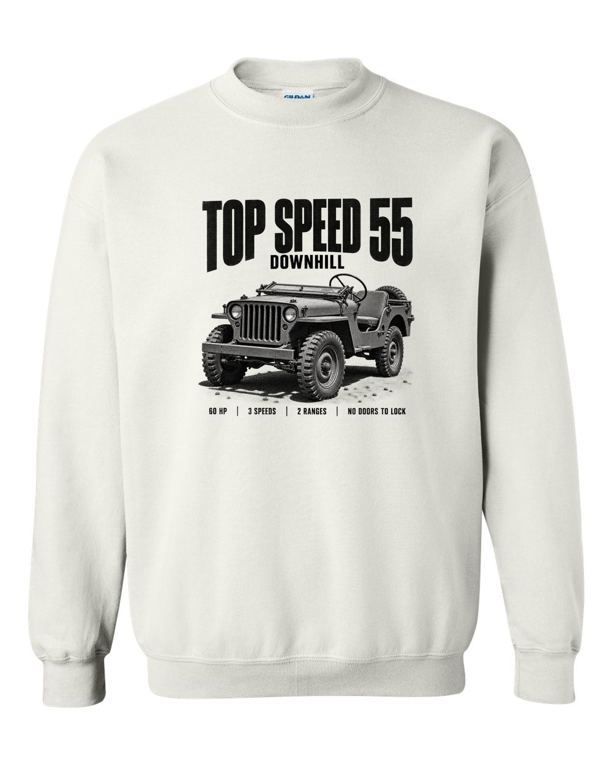 Halftone print for the Willys MB, Top Speed 55 Downhill white crewneck front view with the design