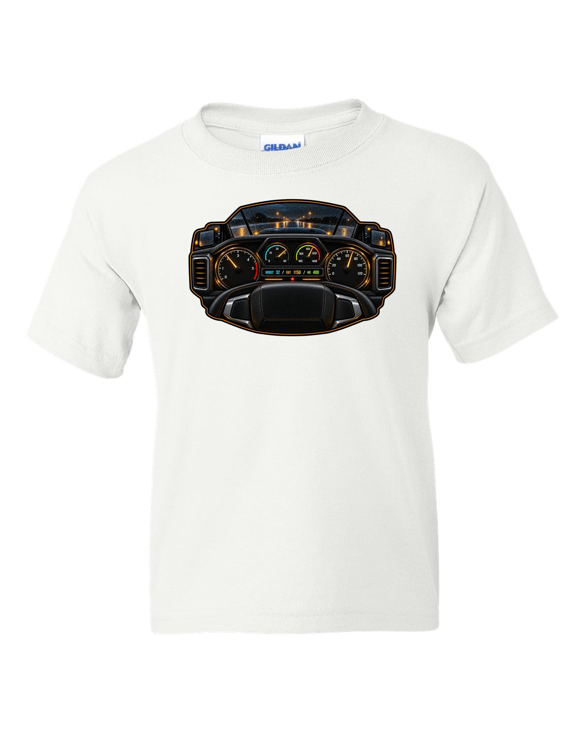 Night gauge-cluster HUD print of a 2019-2024 Ram HD 6.7 HO showing boost 32 EGT 1150 HO 400 white kids tee front view with the design