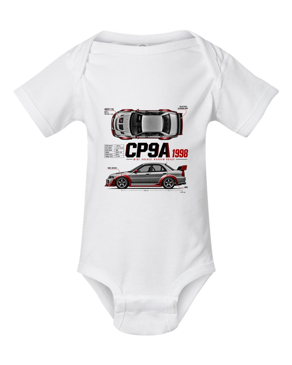 Spec poster print for the Mitsubishi Lancer Evolution V CP9A reading Wide Arches, Narrow Roads, 4G63T 2.0L, 1998 white baby onesie front view with the design