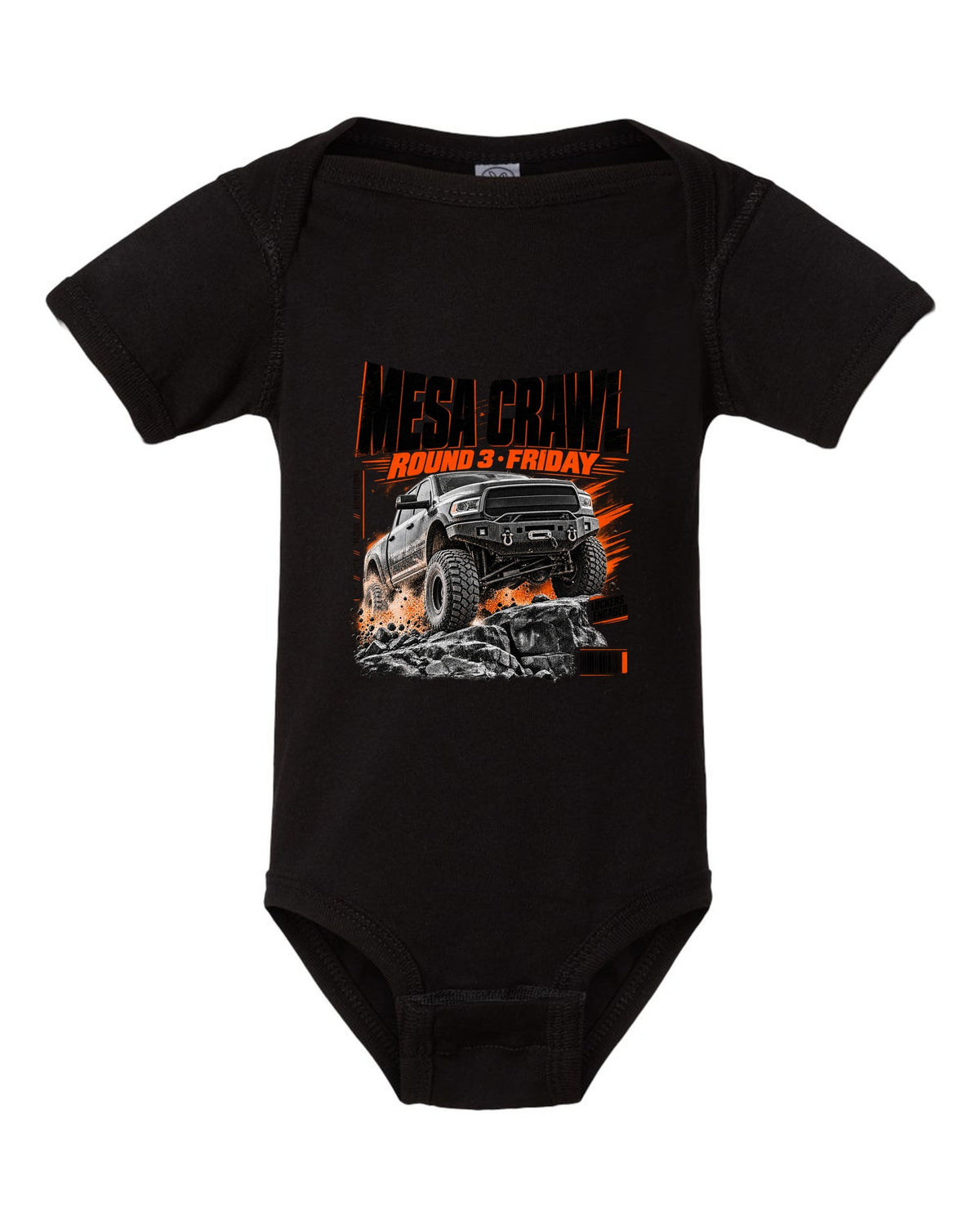 Race poster print of a Ram 2500 Power Wagon at a Mesa Crawl event black baby onesie front view with the design
