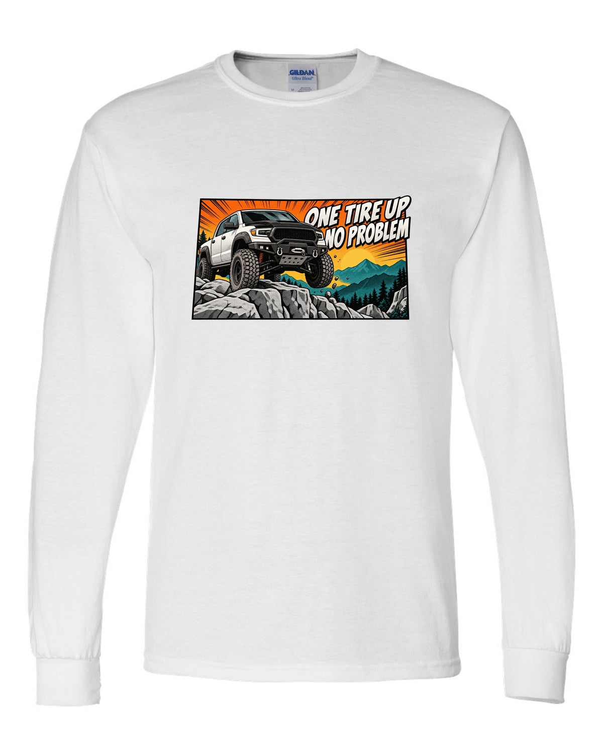Retro manga halftone print of a Ram Power Wagon 2500 4x4 with one tire up on a ledge white long sleeve front view with the design