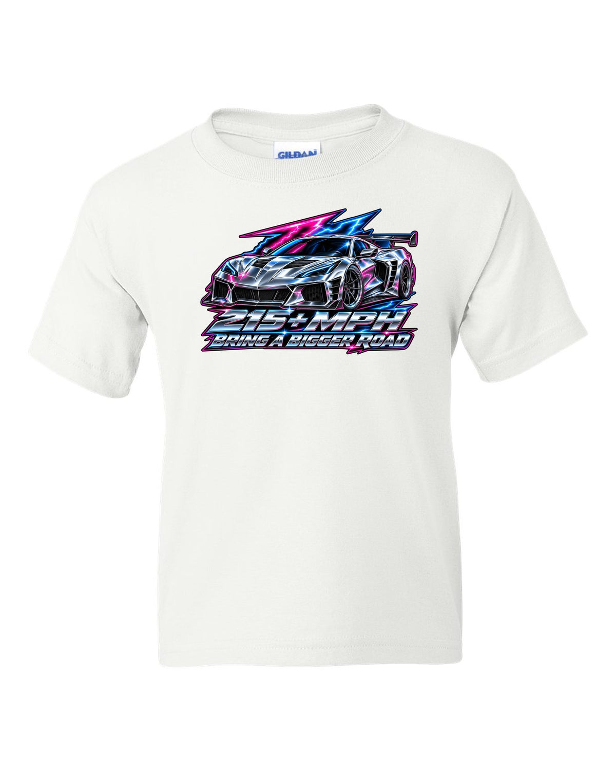 Gauge-cluster HUD design with a 2025 C8 Corvette ZR1 and 215 plus mph lettering white kids tee front view with the design
