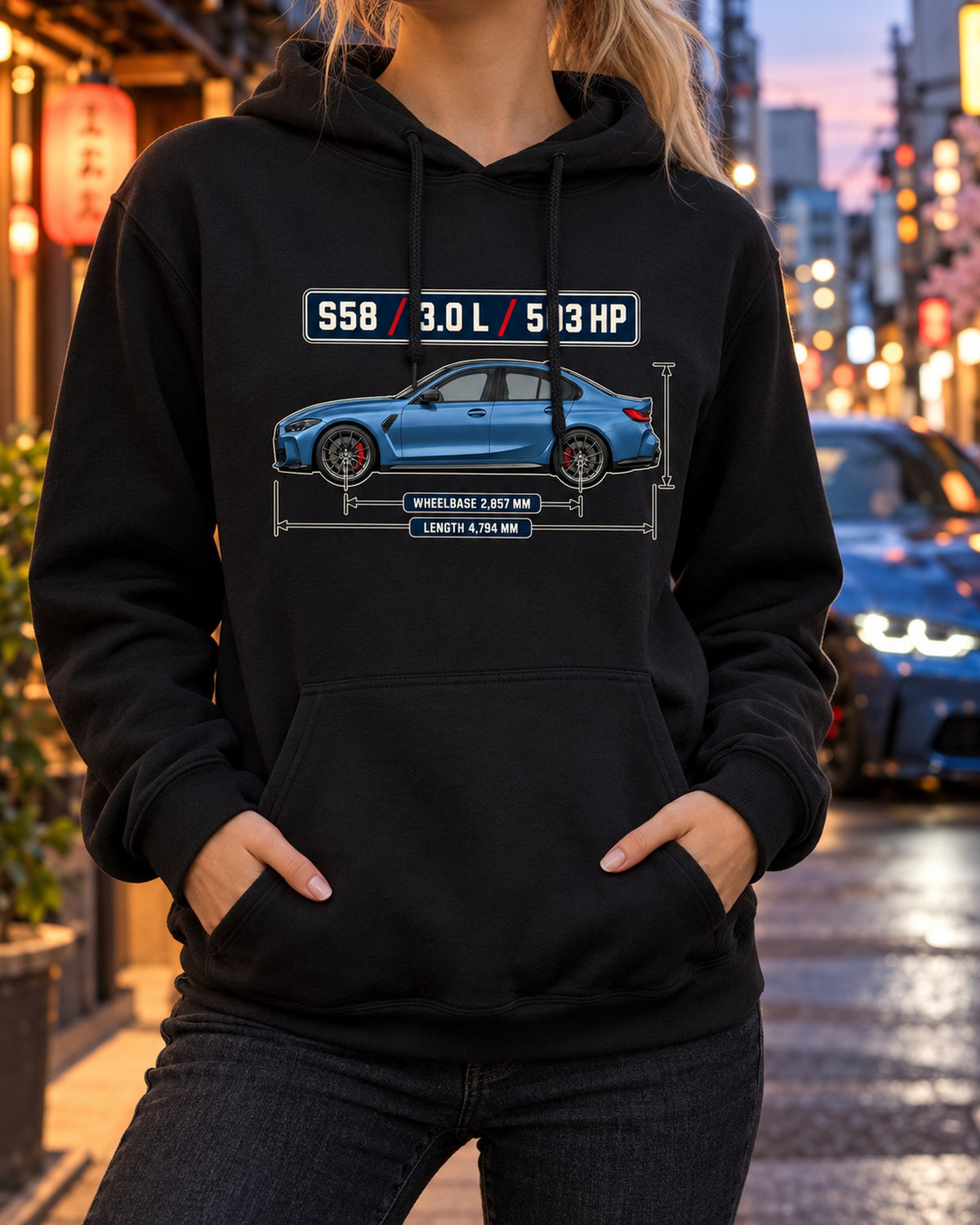 BMW M3 G80 Competition Dimension Blueprint Shirt, Car Guy Gift Pull Over Hoodie Black worn hero