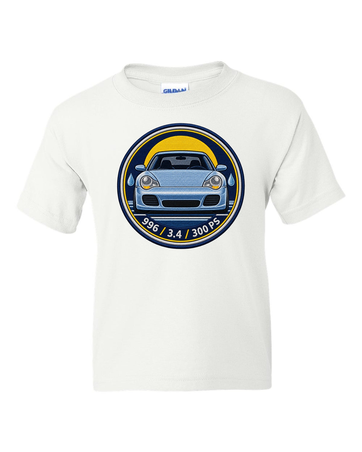 Round crest print of a 2004 Porsche 911 Carrera 997 with the text 997, 3.6 and 325 PS white kids tee front view with the design