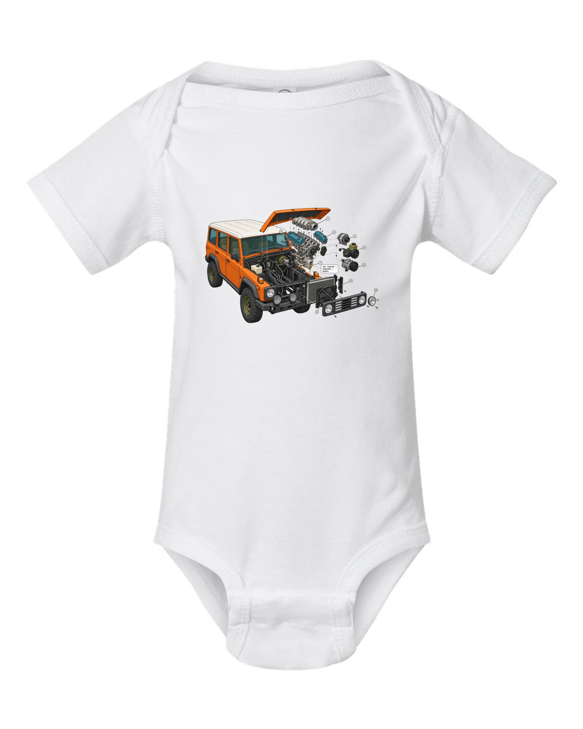 Jeep Wrangler JK V6 exploded engine bay diagram with oil cooler housing drips labels white baby onesie front view with the design