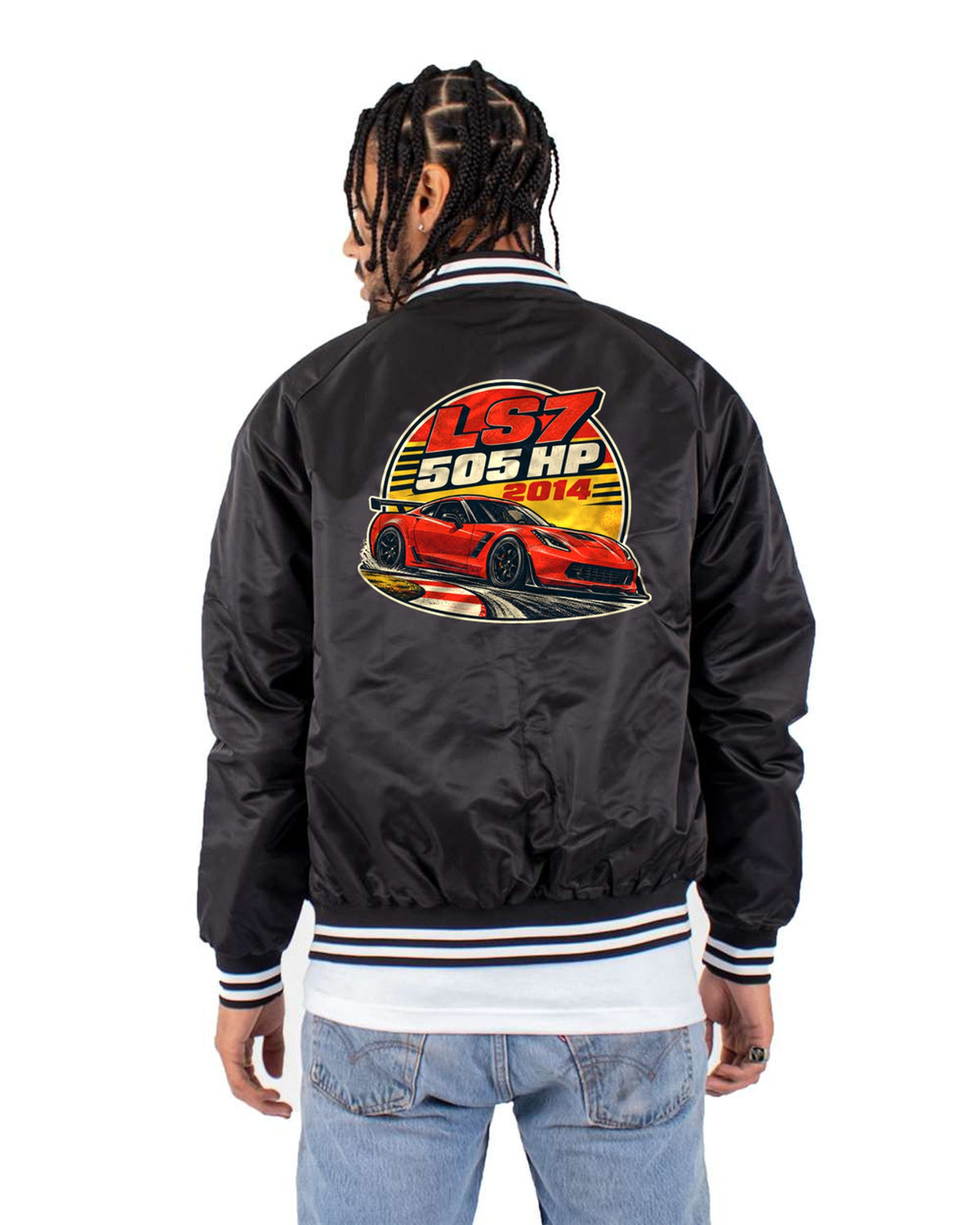 2014 Camaro Z/28 LS7 Vintage Race Poster Shirt, 505 HP Bomber Jacket Black back