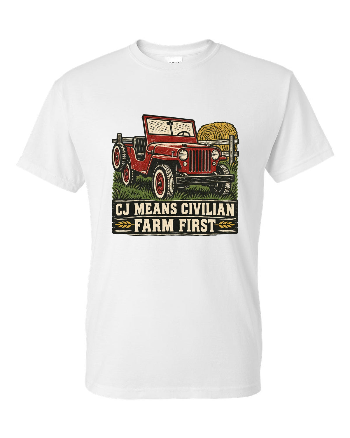Linocut-style print of a Jeep CJ-2A with civilian farm text white t-shirt front view with the design