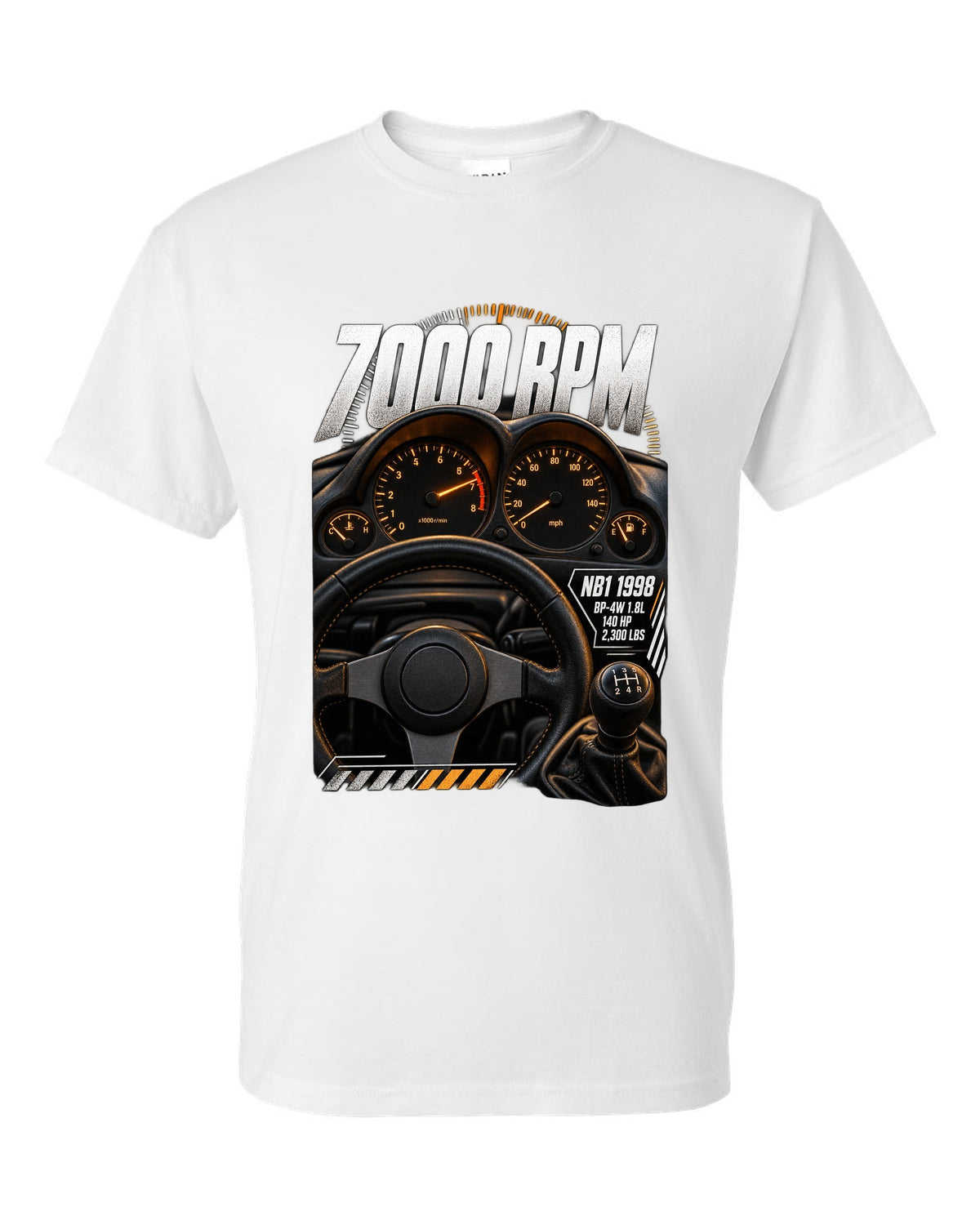 Cockpit gauge print for the 1998 Mazda MX-5 NB1 with 7000 rpm, BP-4W 1.8L and 140 HP white t-shirt front view with the design