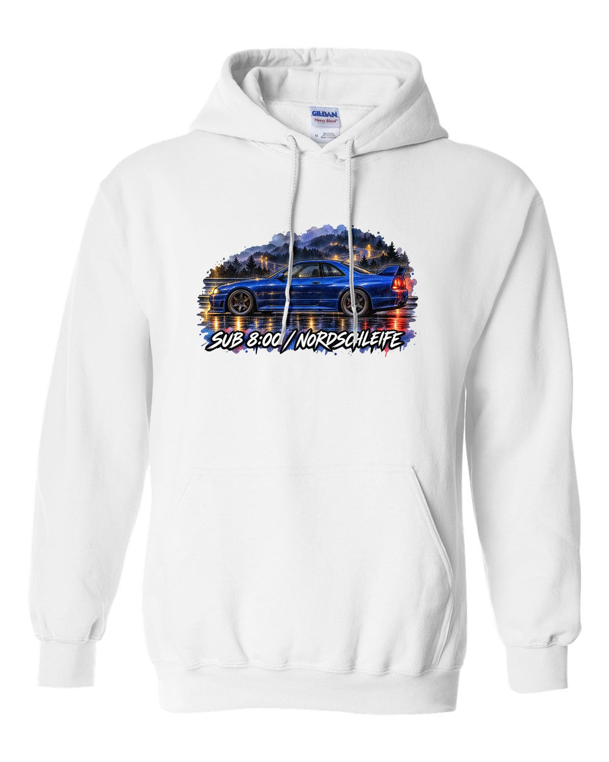 Watercolour wet-road night print of a Champion Blue Nissan Skyline GT-R R33 BCNR33 white pull over hoodie front view with the design