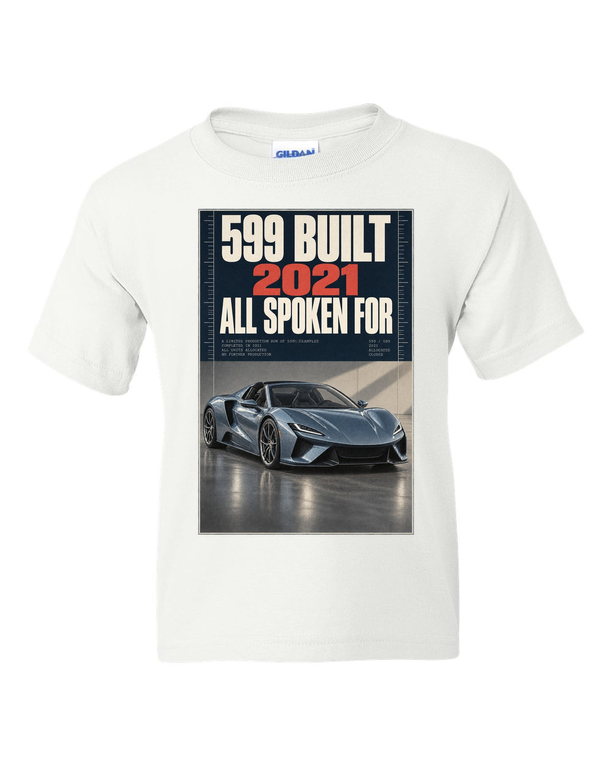 Halftone print of the Ferrari Daytona SP3 on a tee white kids tee front view with the design