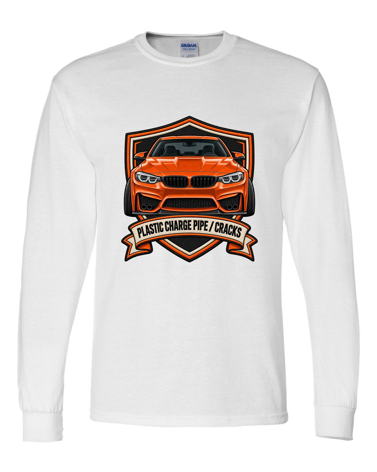 BMW F80 M3 varsity crest print with charge pipe joke text white long sleeve front view with the design