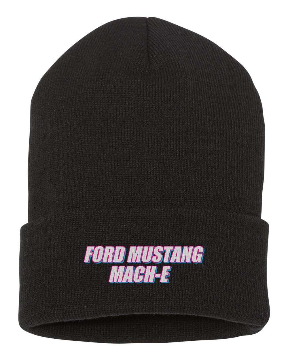 Ford Mustang Mach-E black beanie front view with car name
