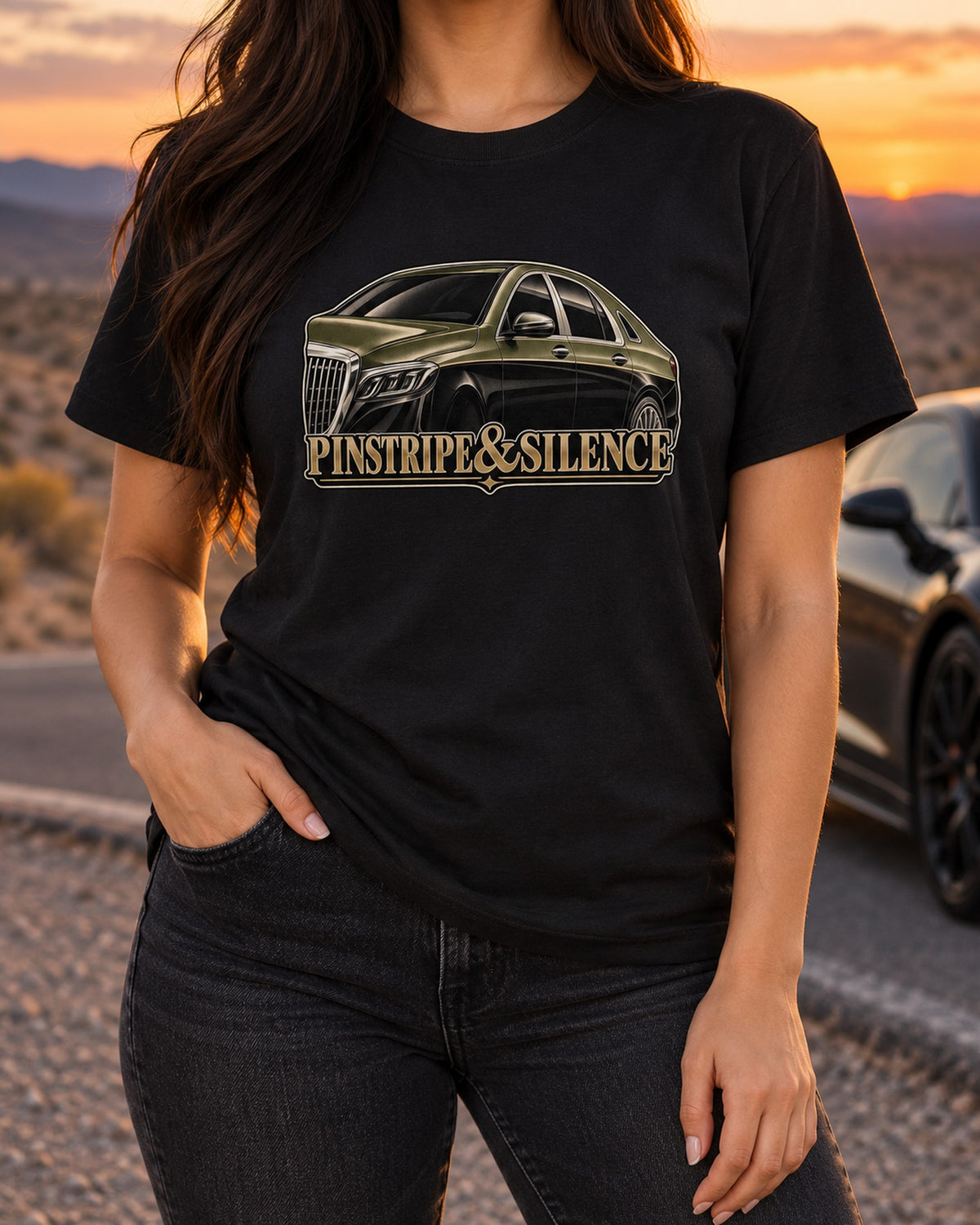 Mercedes-Maybach S-Class W222 Two-Tone Pinstripe Screenprint Tee T-Shirt Black worn hero