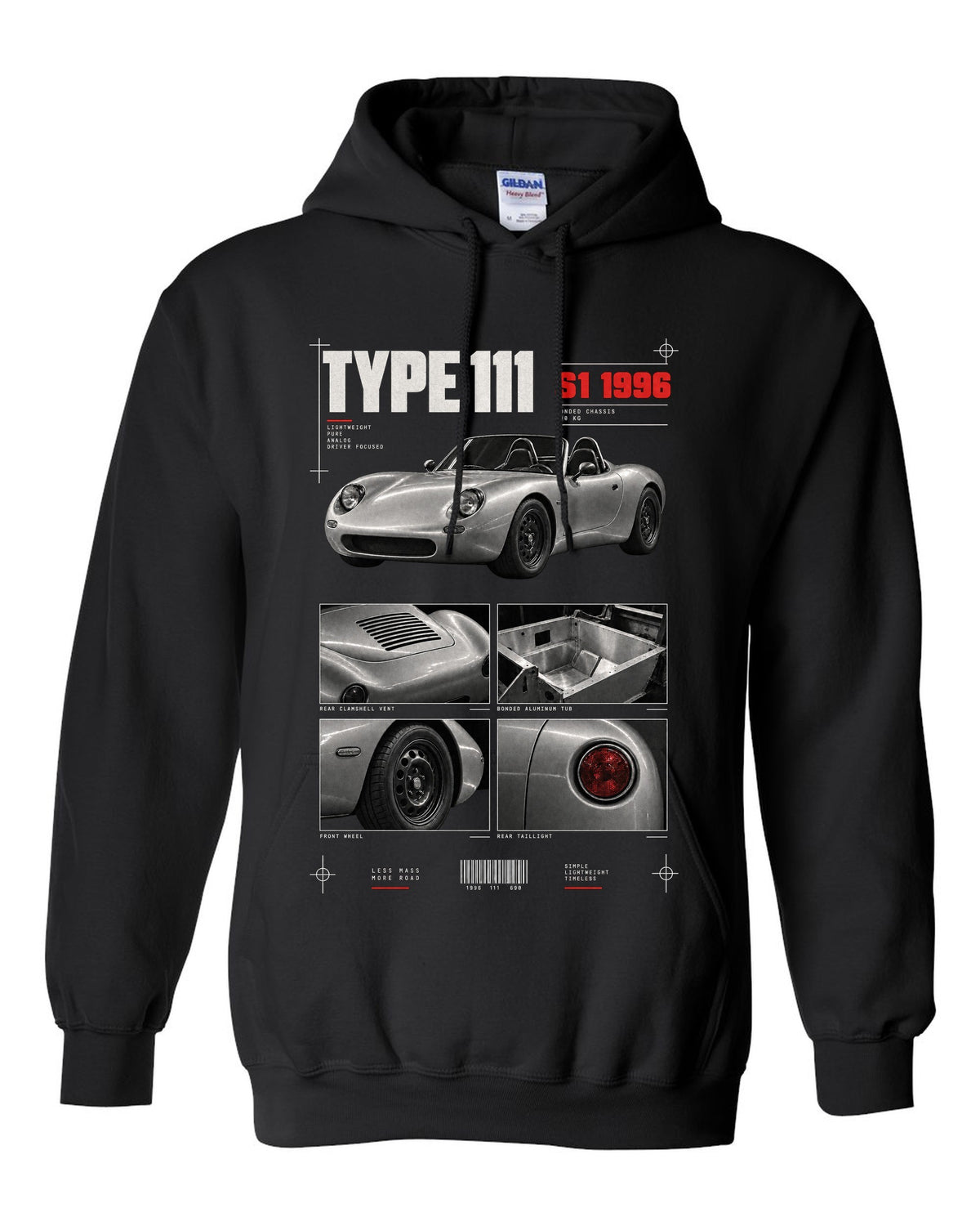 Dossier panel print of a 1996 Lotus Elise S1 Type 111 with bonded aluminium chassis black pull over hoodie front view with the design