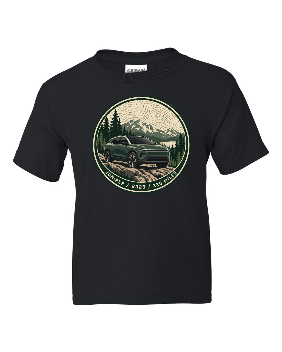 Topographic contour map trail badge print for a Tesla Model Y Juniper reading Juniper 2025 320 Miles black kids tee front view with the design
