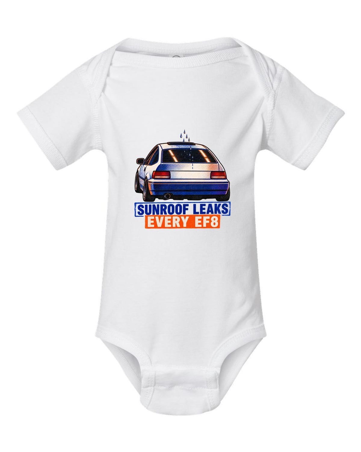 Risograph-style Honda CRX EF8 Si print with sunroof leak joke text white baby onesie front view with the design