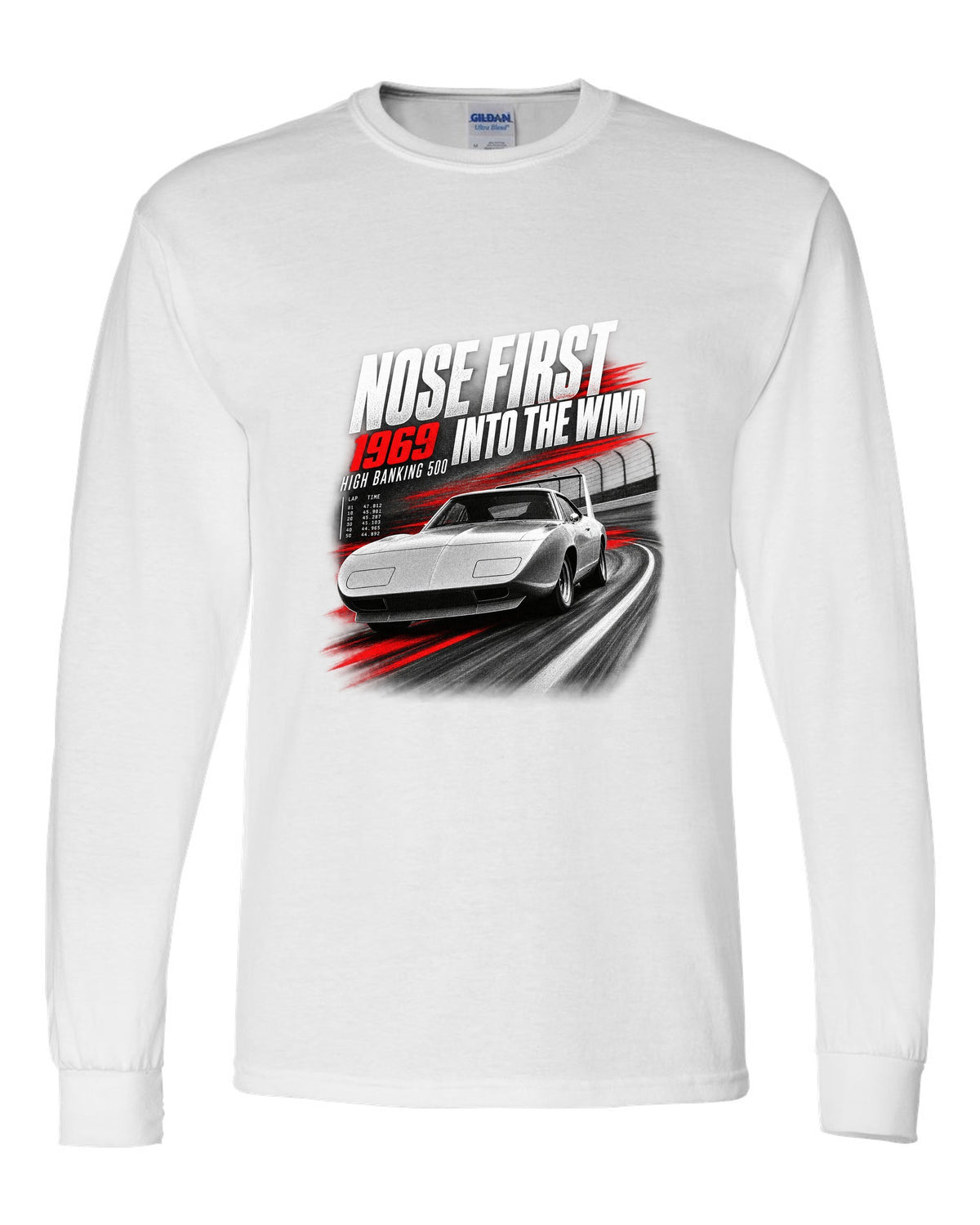 1969 Dodge Charger Daytona race poster print with nose first into the wind lettering white long sleeve front view with the design