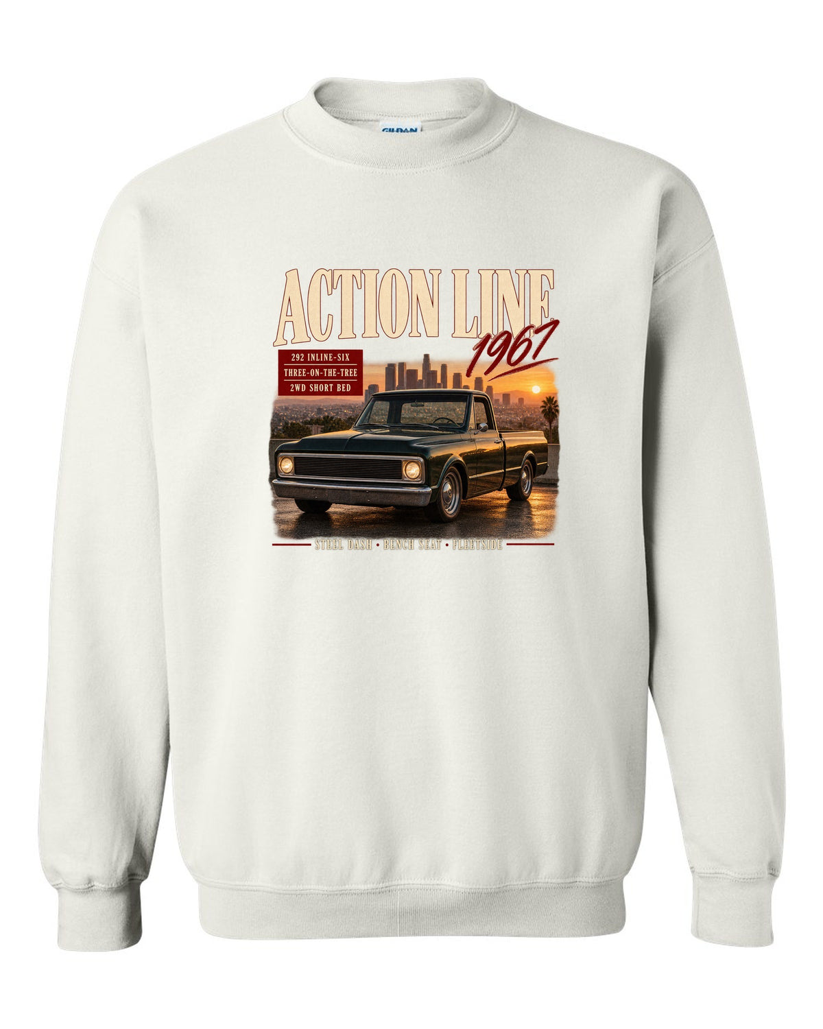 Archive panel print of a 1967 Chevrolet C10 Action Line Fleetside with 292 inline-six text white crewneck front view with the design