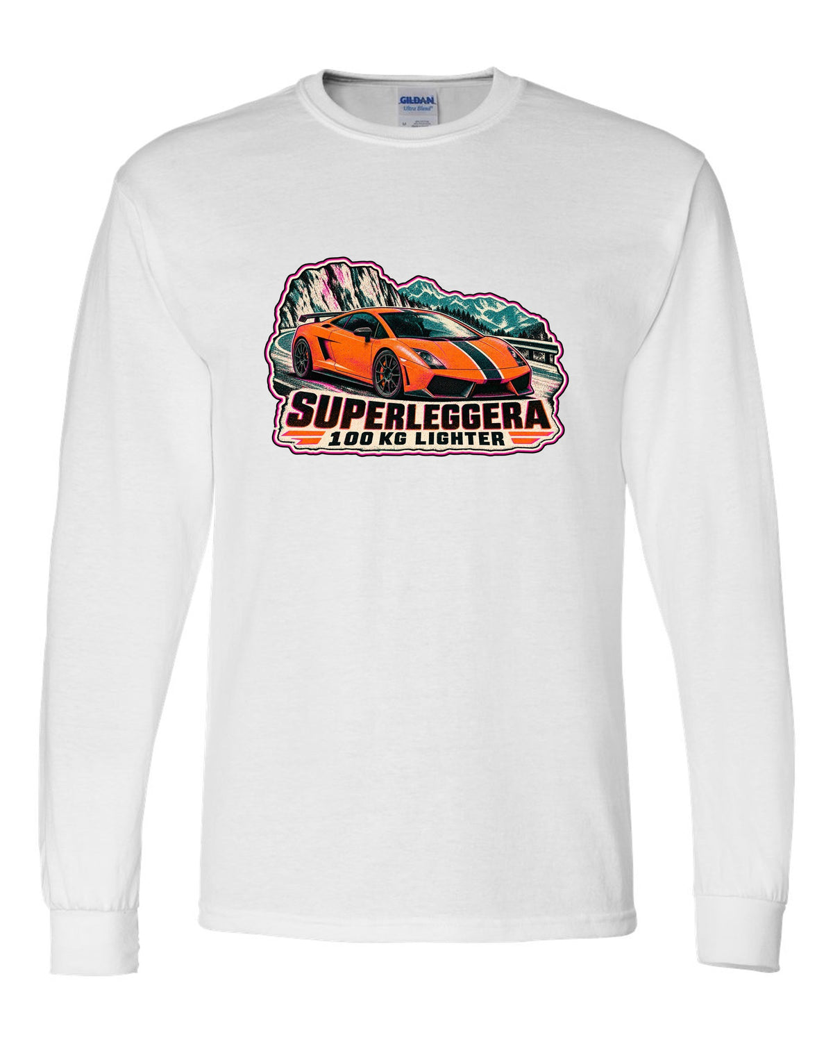 Risograph-style Lamborghini Gallardo Superleggera design with 100 KG lighter lettering white long sleeve front view with the design