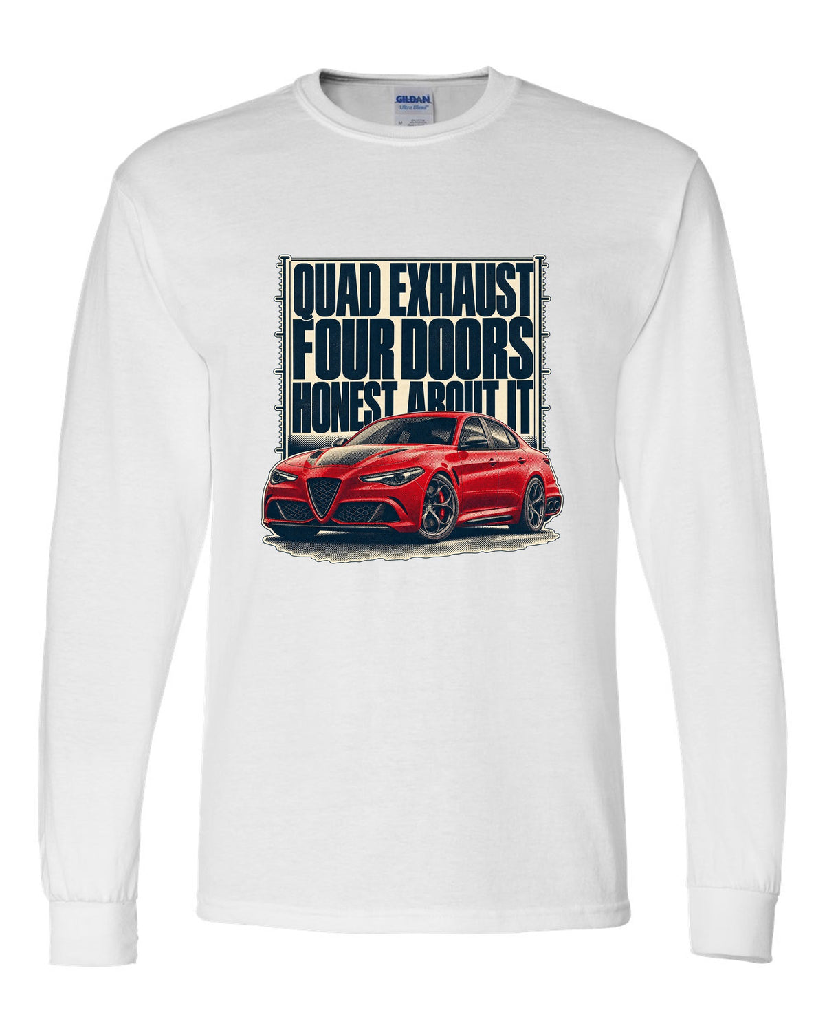 Alfa Romeo Giulia Quadrifoglio halftone statement print white long sleeve front view with the design