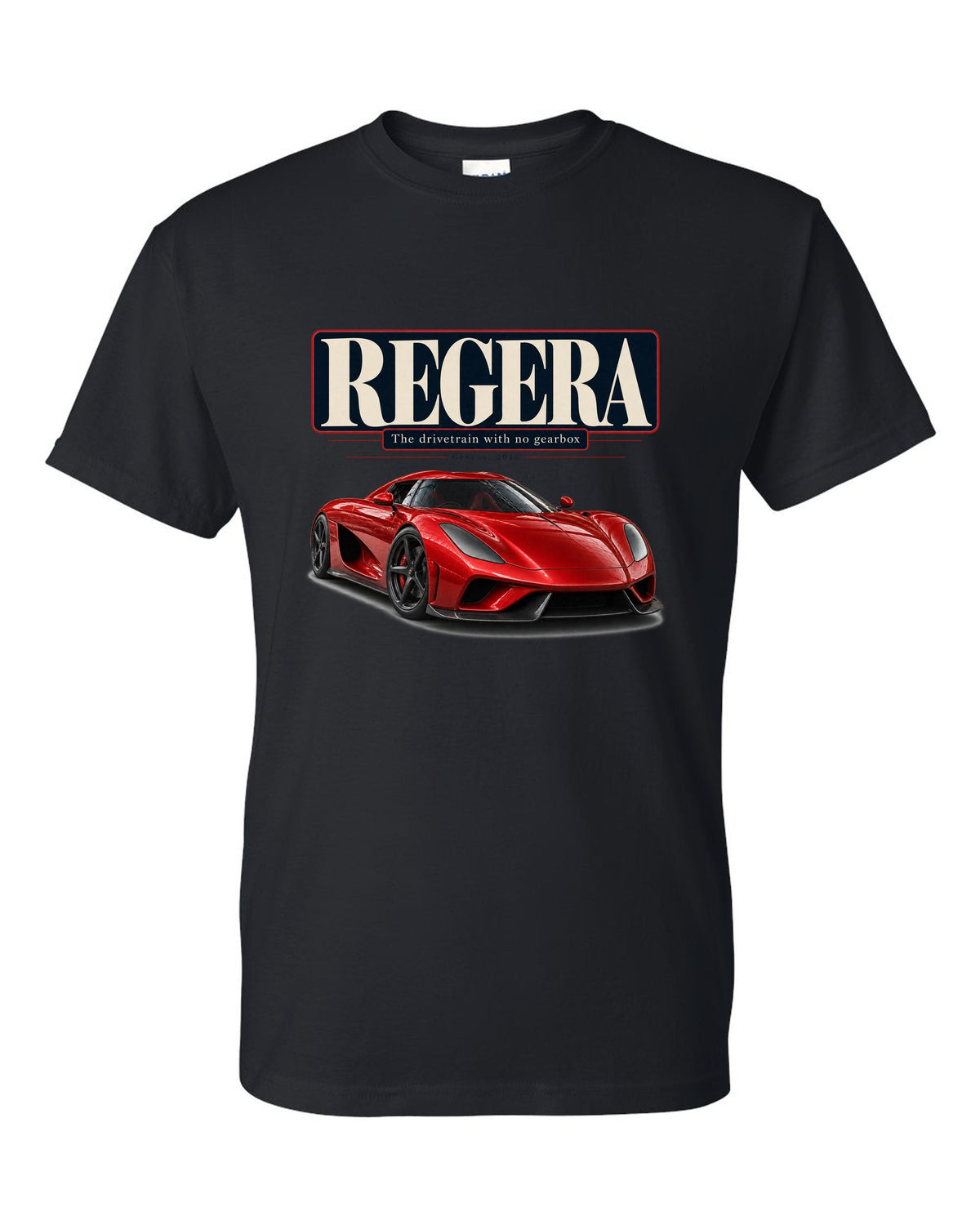 Editorial headline poster of the Koenigsegg Regera about its drivetrain, print black t-shirt front view with the design