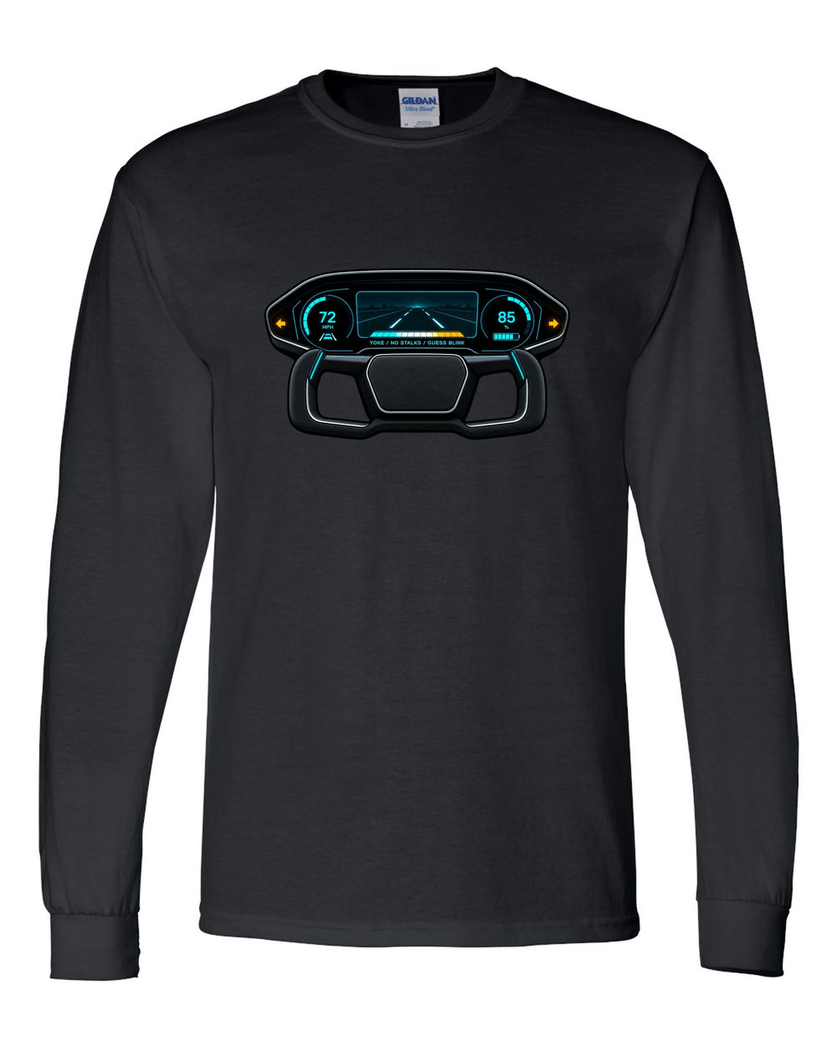 Gauge-cluster HUD design for a 2021 Tesla Model S Plaid with the words Yoke No Stalks Guess Blink black long sleeve front view with the design
