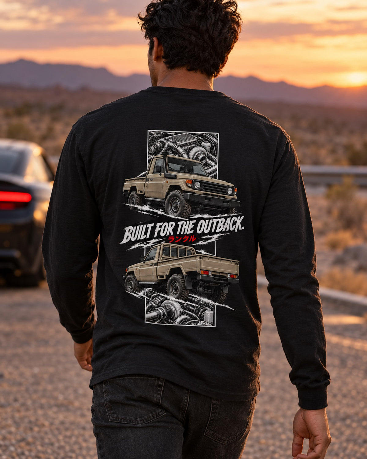 Toyota Land Cruiser 70 Torn Poster Full-Back Graphic Tee Long Sleeve Black worn hero
