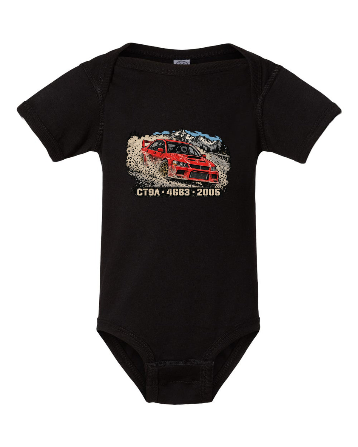 Distressed screenprint print of a Mitsubishi Lancer Evolution IX CT9A on gravel with CT9A 4G63 2005 lettering black baby onesie front view with the design