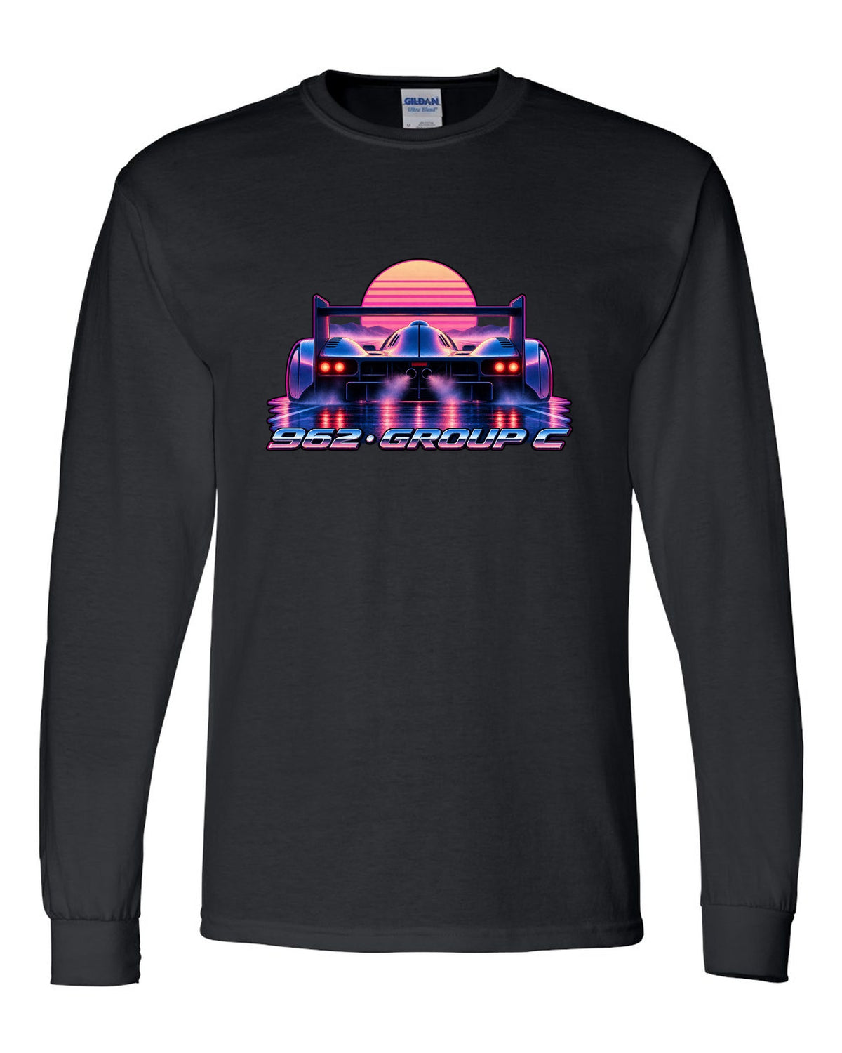 Synthwave gradient print of a Porsche 962 Group C long tail in dawn mist black long sleeve front view with the design