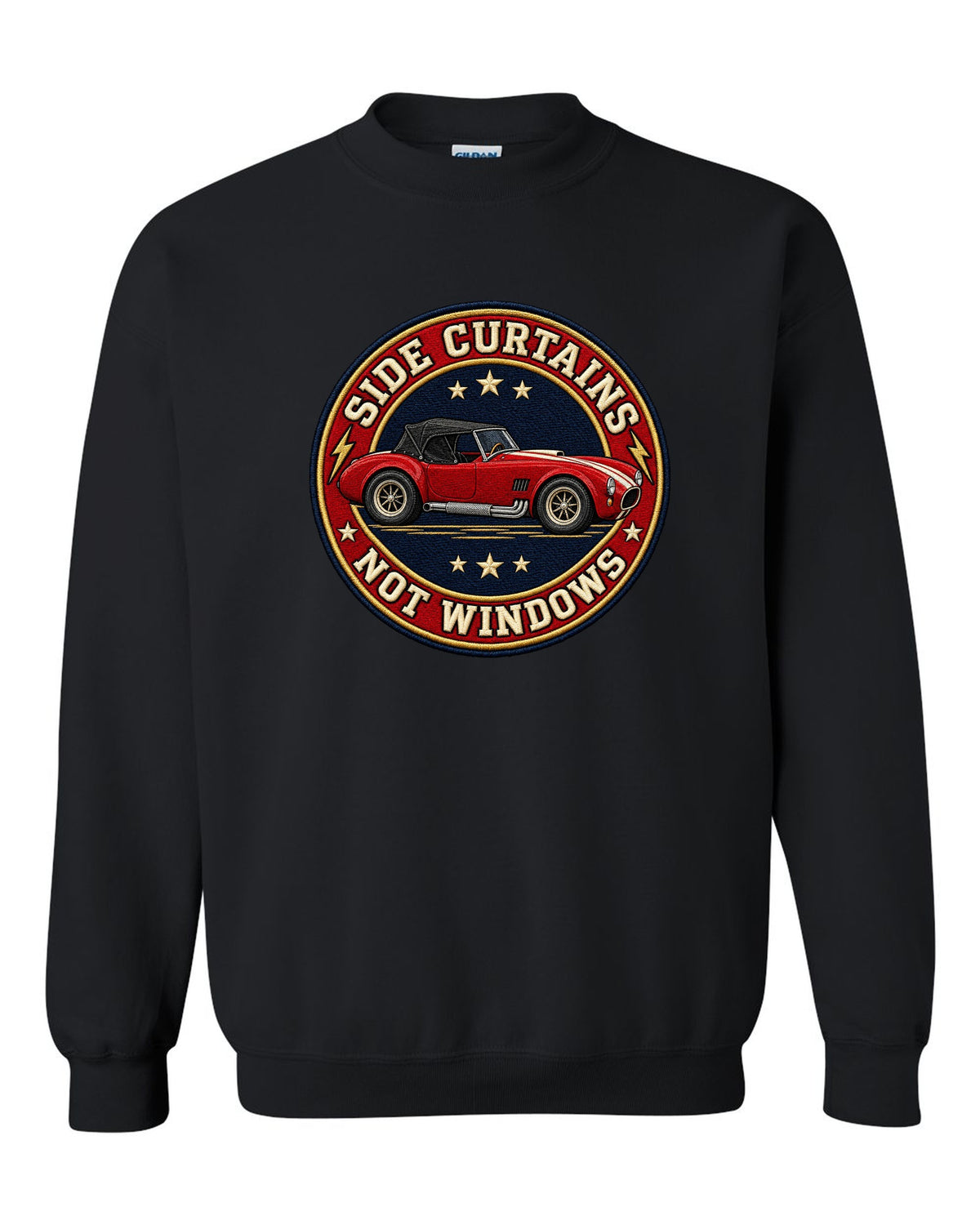 Embroidery-style varsity crest design with a 1992 Dodge Viper RT/10 SR I black crewneck front view with the design