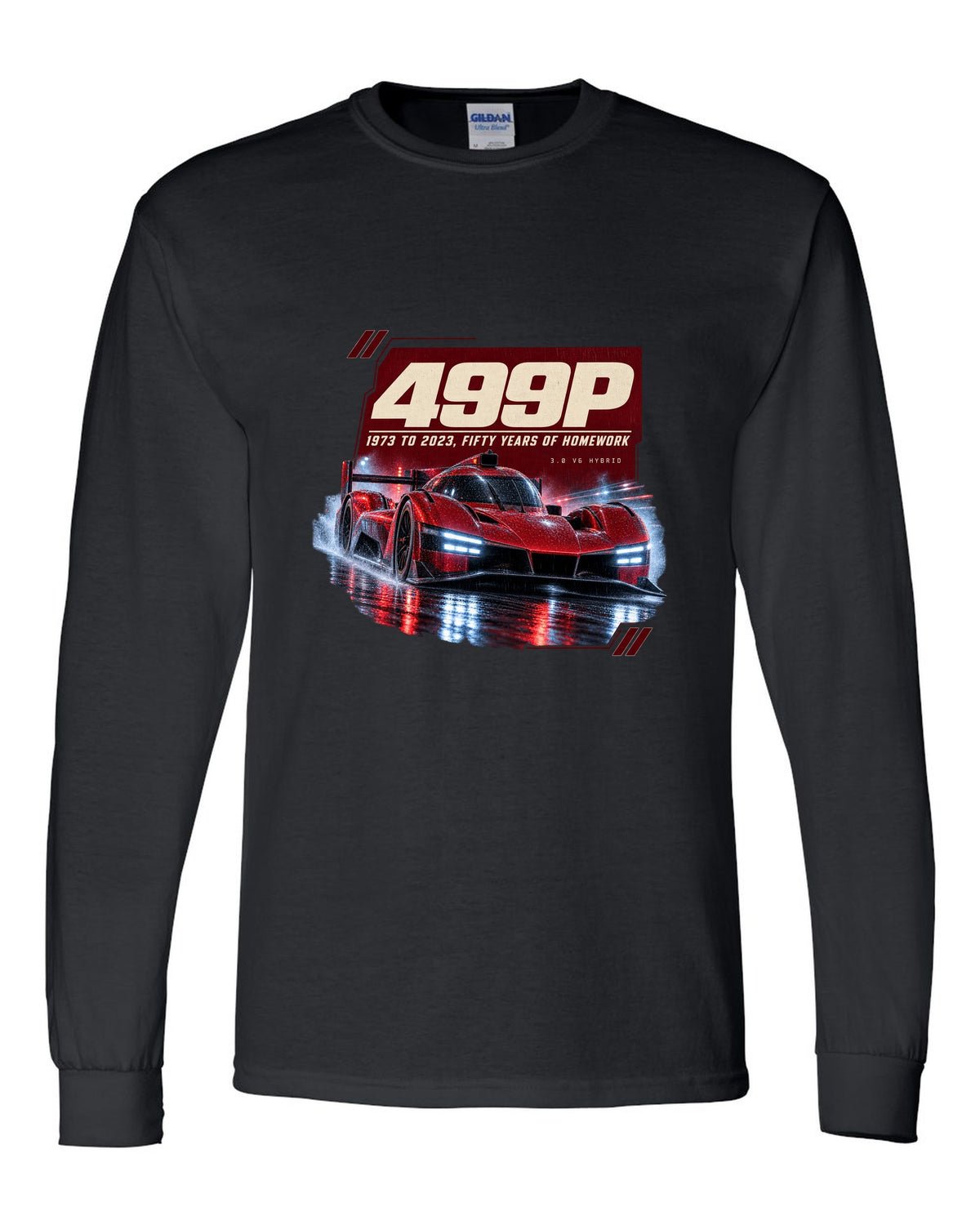 Ferrari 499P on a rainy night street print, 1973 to 2023 black long sleeve front view with the design