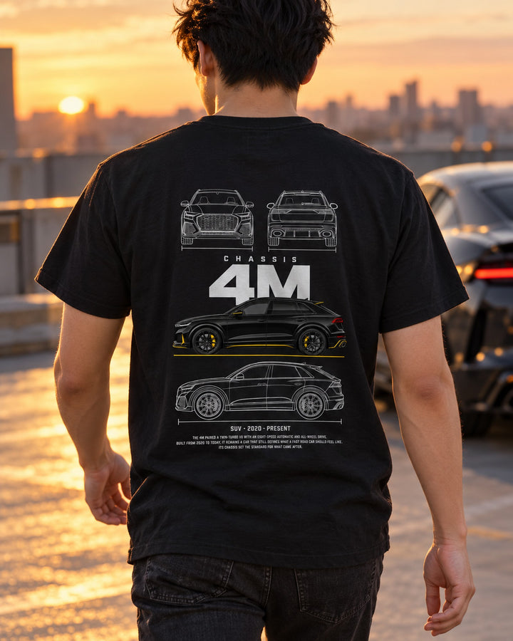 Audi RS Q8 SUV Blueprint Full-Back Graphic Tee, 4M Chassis Code T-Shirt Black worn hero